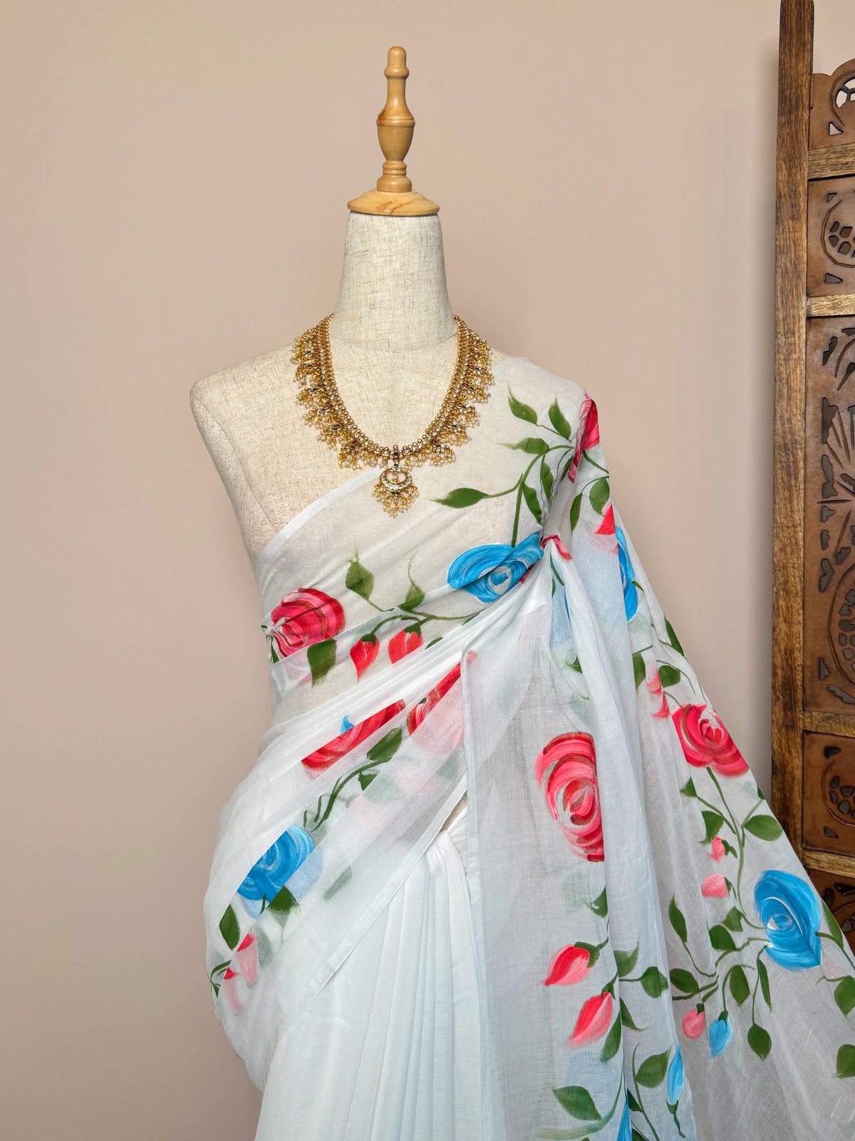 White Cotton Handpainted Bengal Saree - view 2
