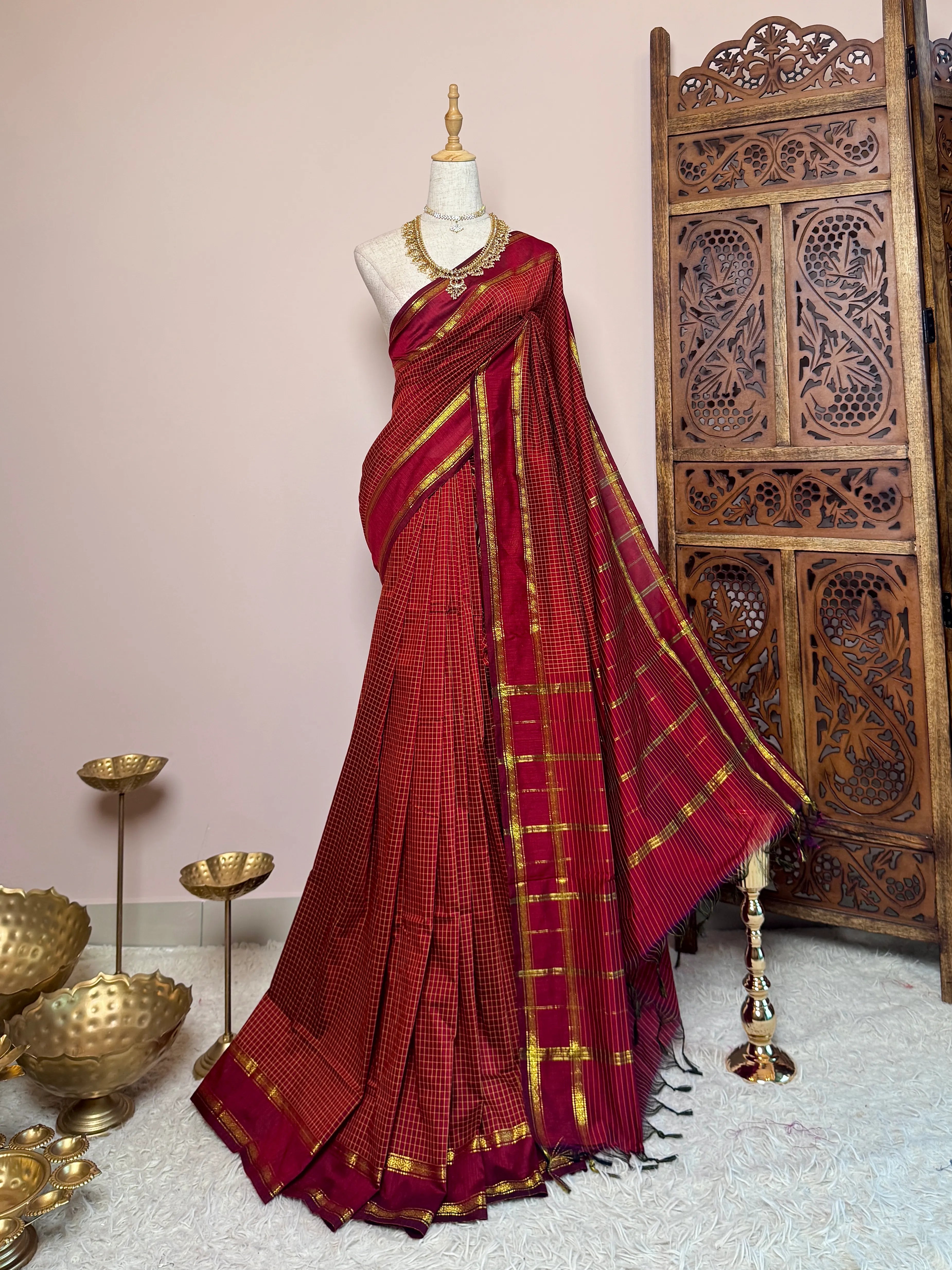 Maroon Handspun Pure-Cotton Kattam South-Saree