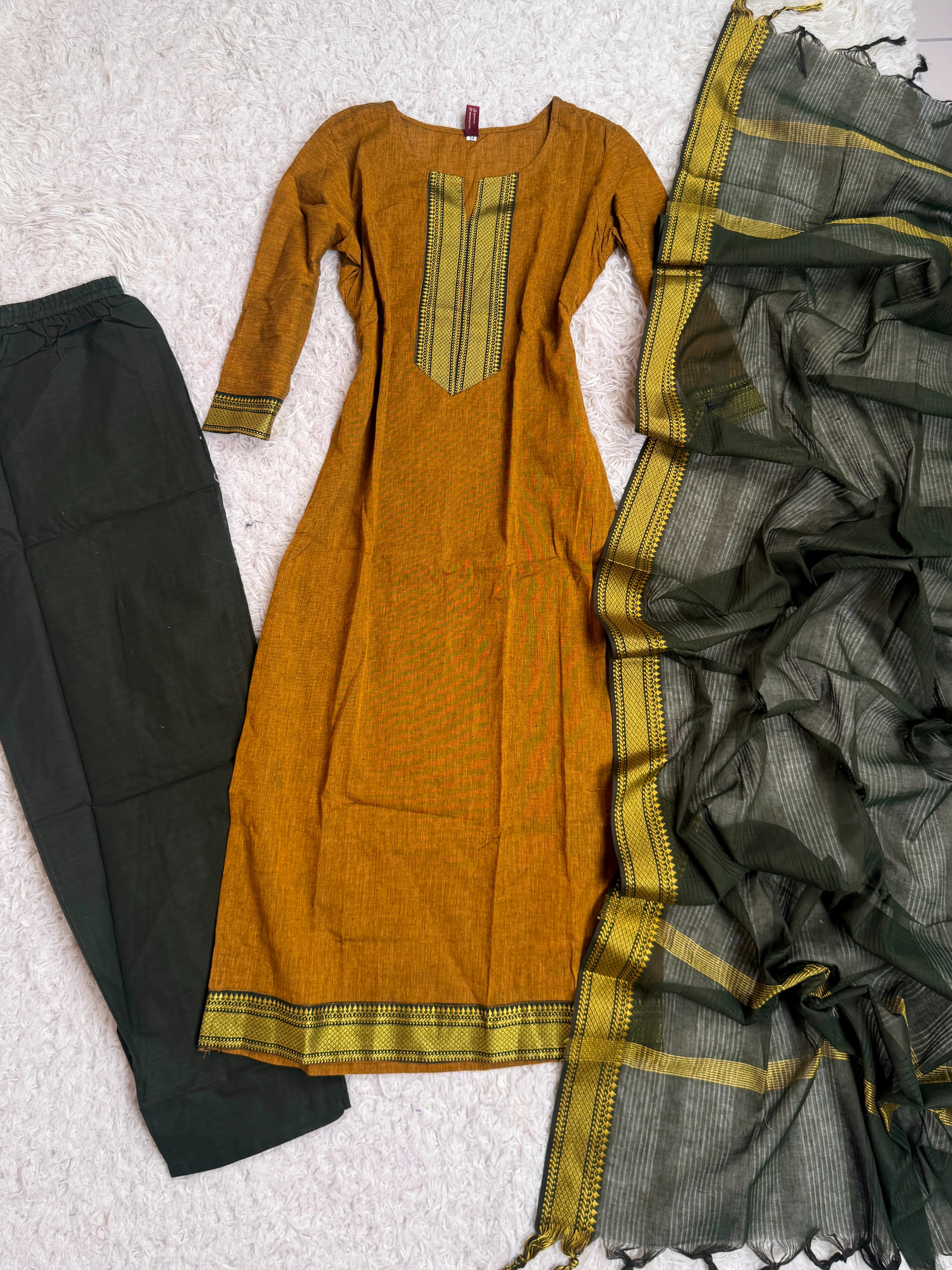Mustard-Black Pure-Cotton Kurti-Dupatta-Pant-Set