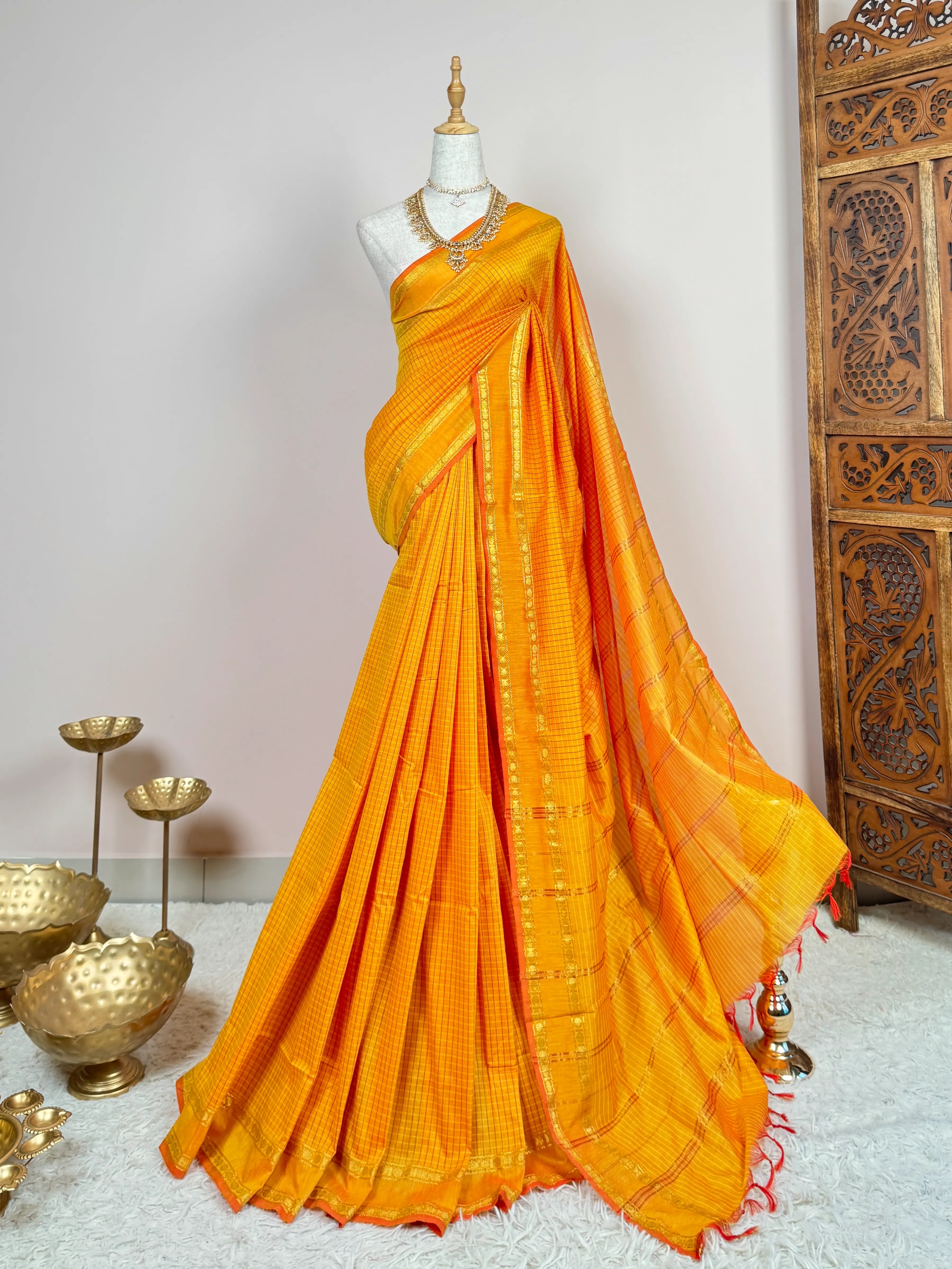 Mustard-Yellow Handspun Pure-Cotton kattam South-Saree