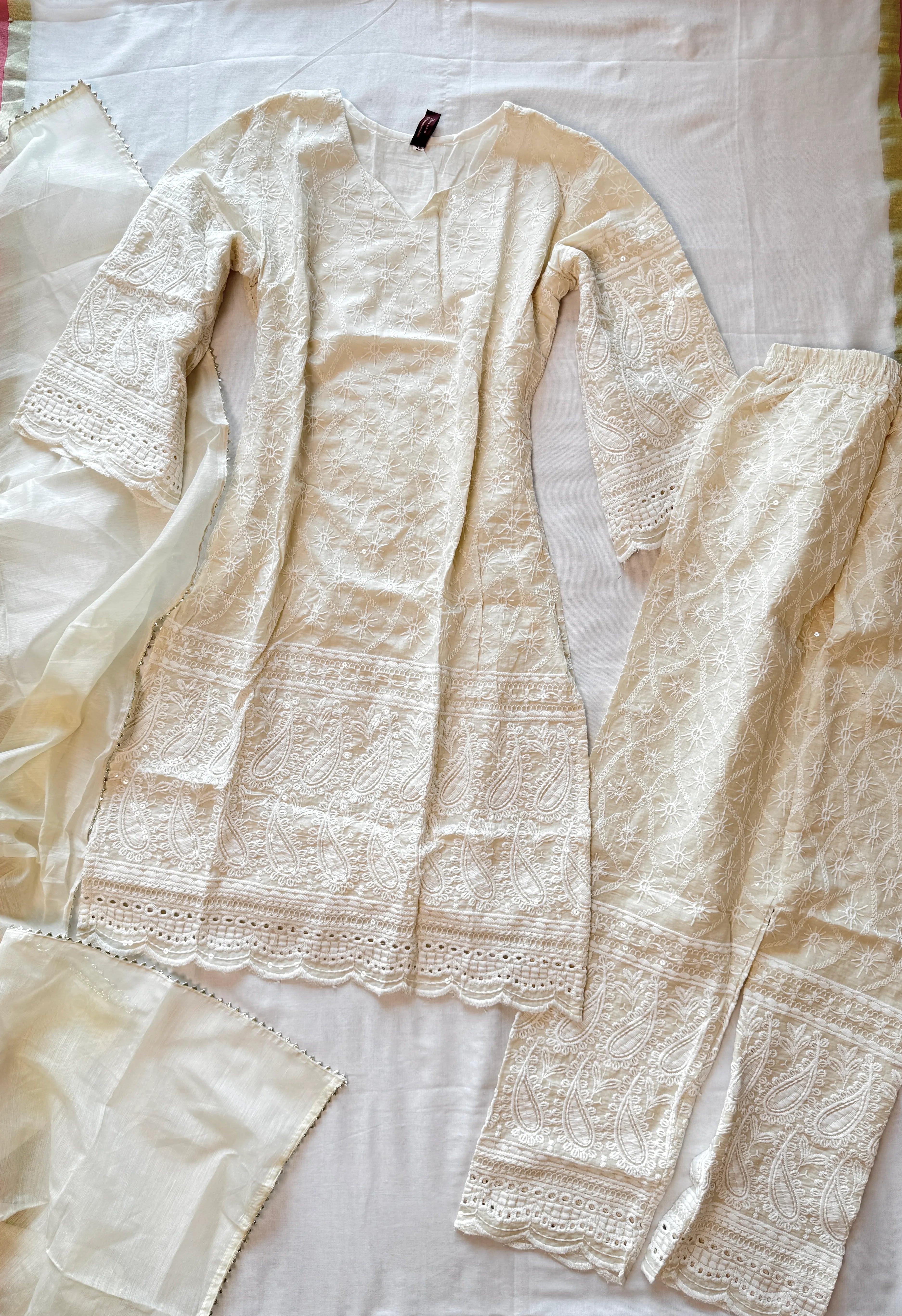 Off-White Chikan-Embroidered-Set with Pencil-Cut-Pants-Kurti-Set