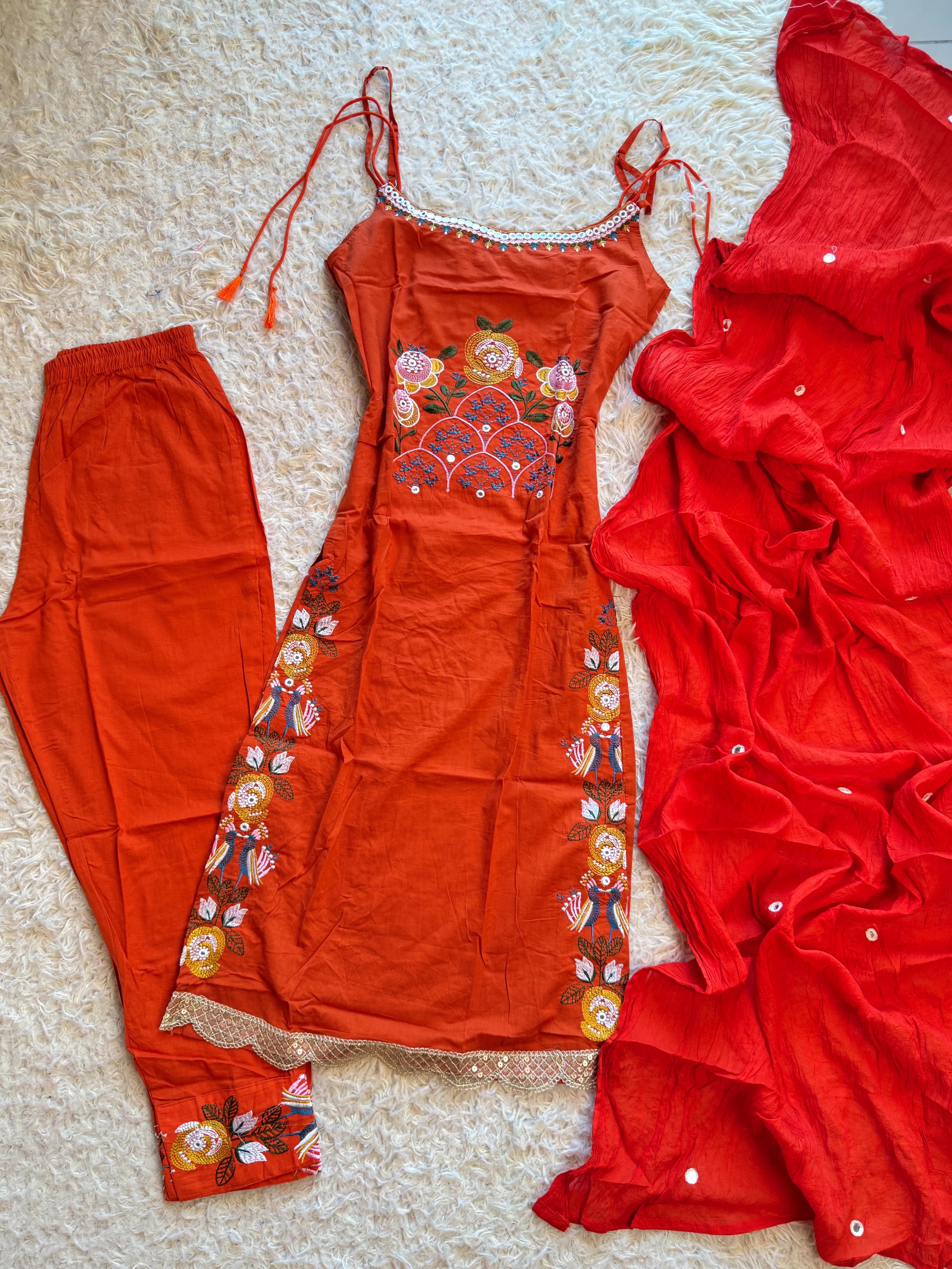 Orange Pure-Cotton Strappy-Casual Embroidered Kurti-Pant-Dupatta-Set