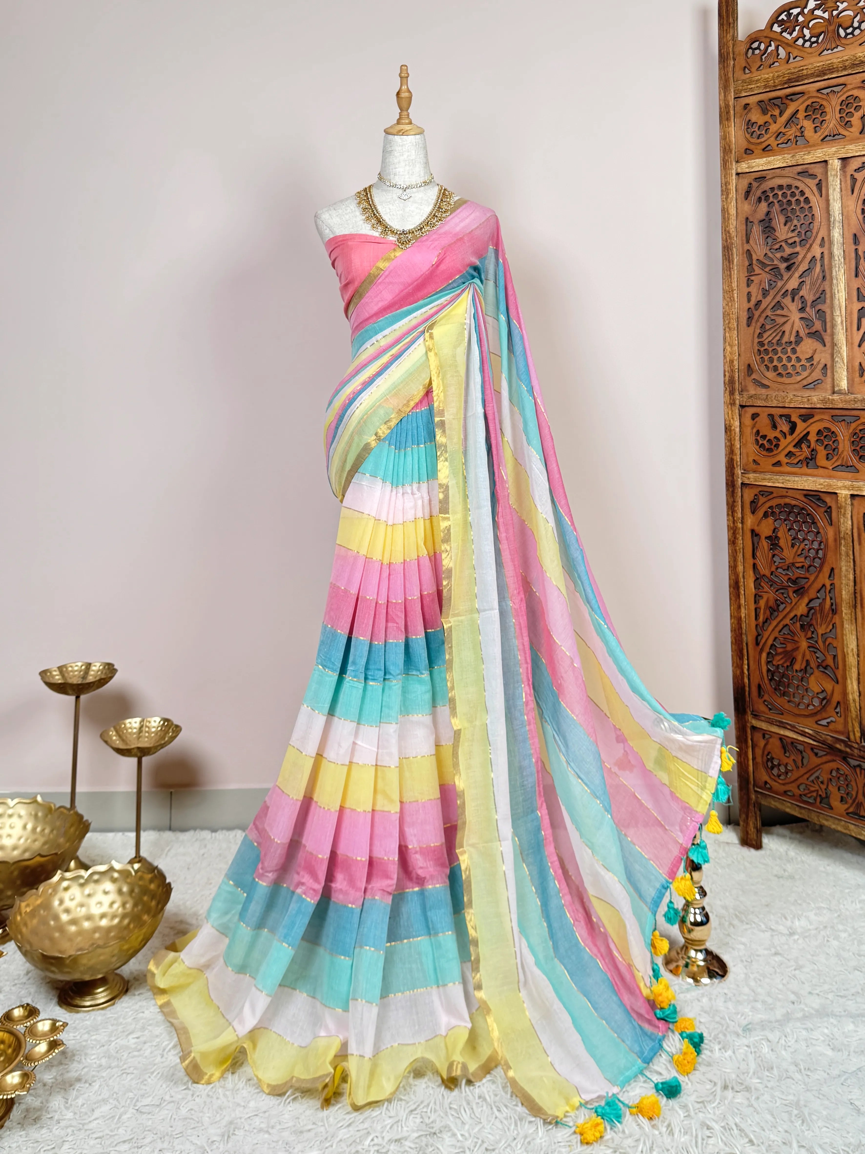 Pastel-Rainbow Handspun Pure-Cotton Zari-Border Bengal-Saree