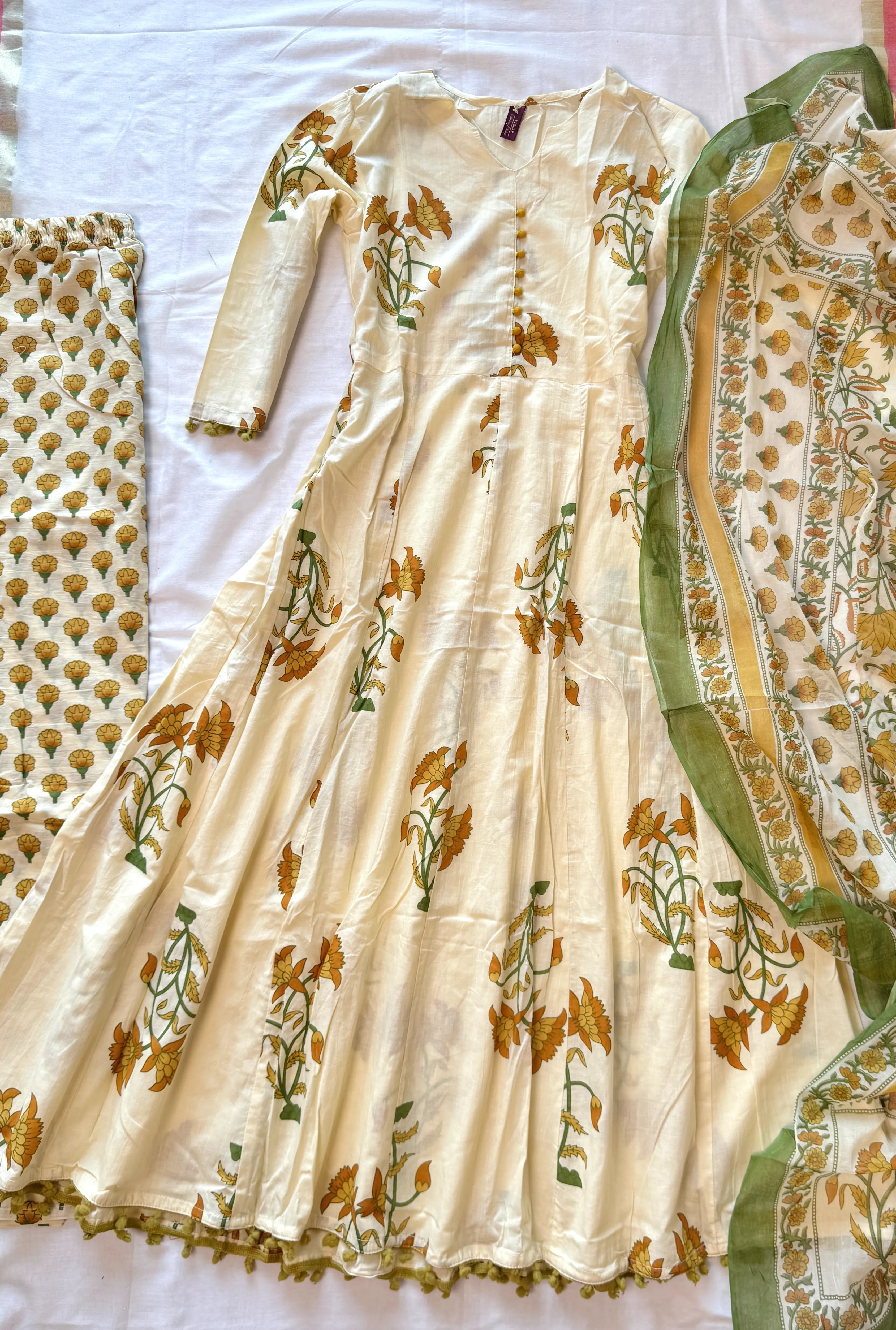 Pastel-Yellow Pure-Cotton Block-Print Anarkali-Palazzo-Kurti-Set