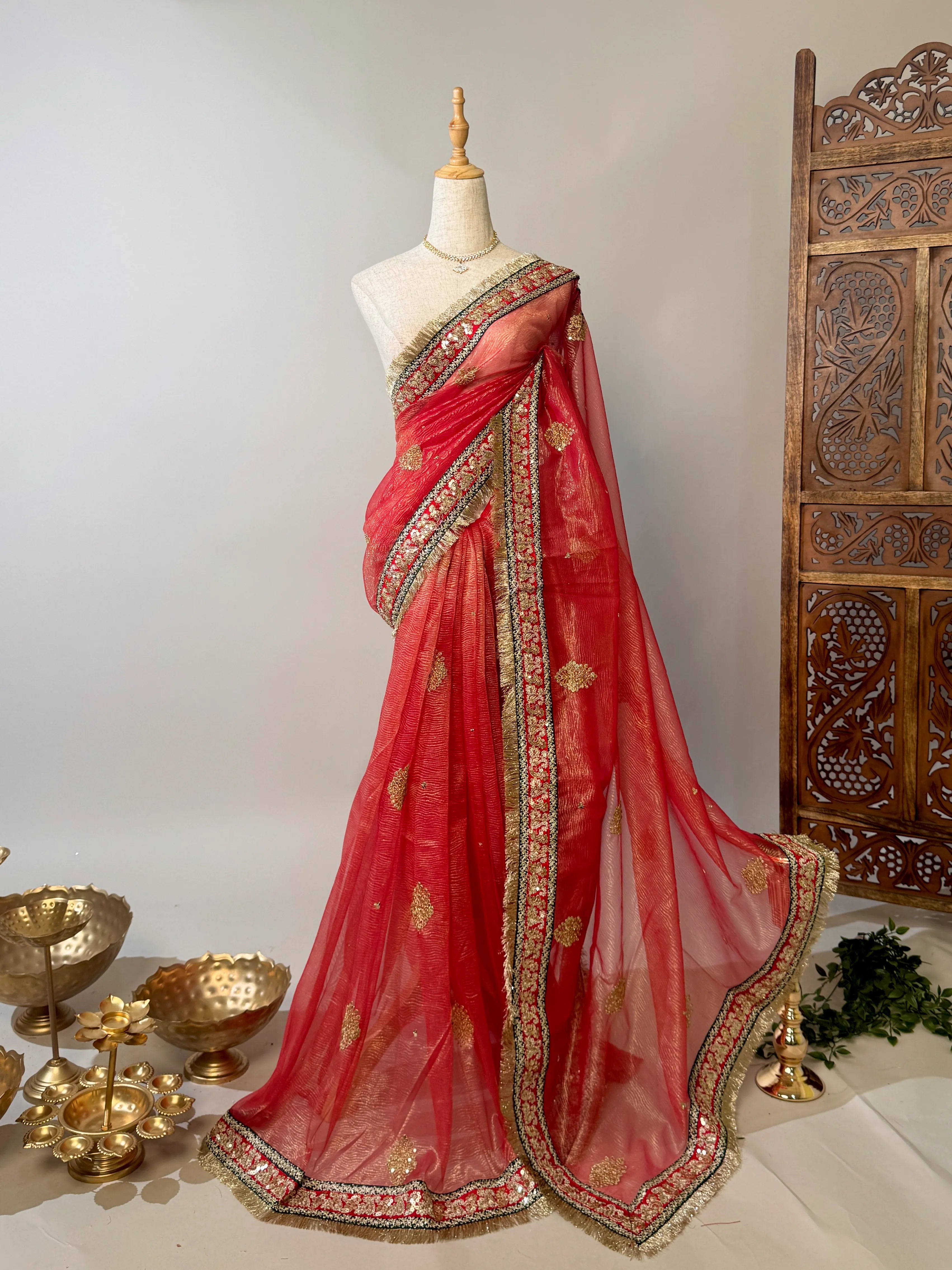 Peach-Red Crushed-Silk-Tissue Embroidered-Border North-Saree