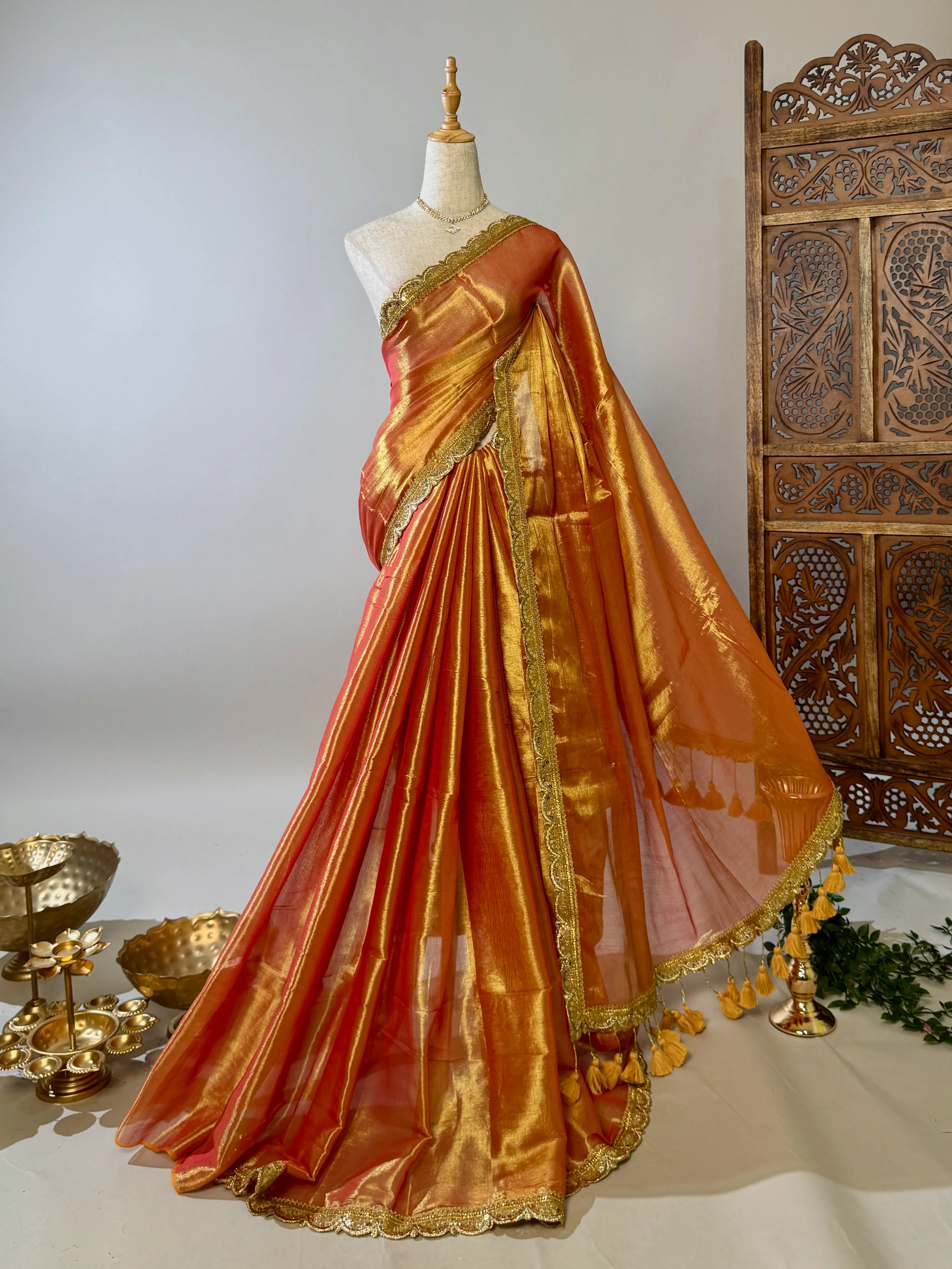 Peach-Gold Tissue-Cotton Grand-Sequin-Border North-Saree
