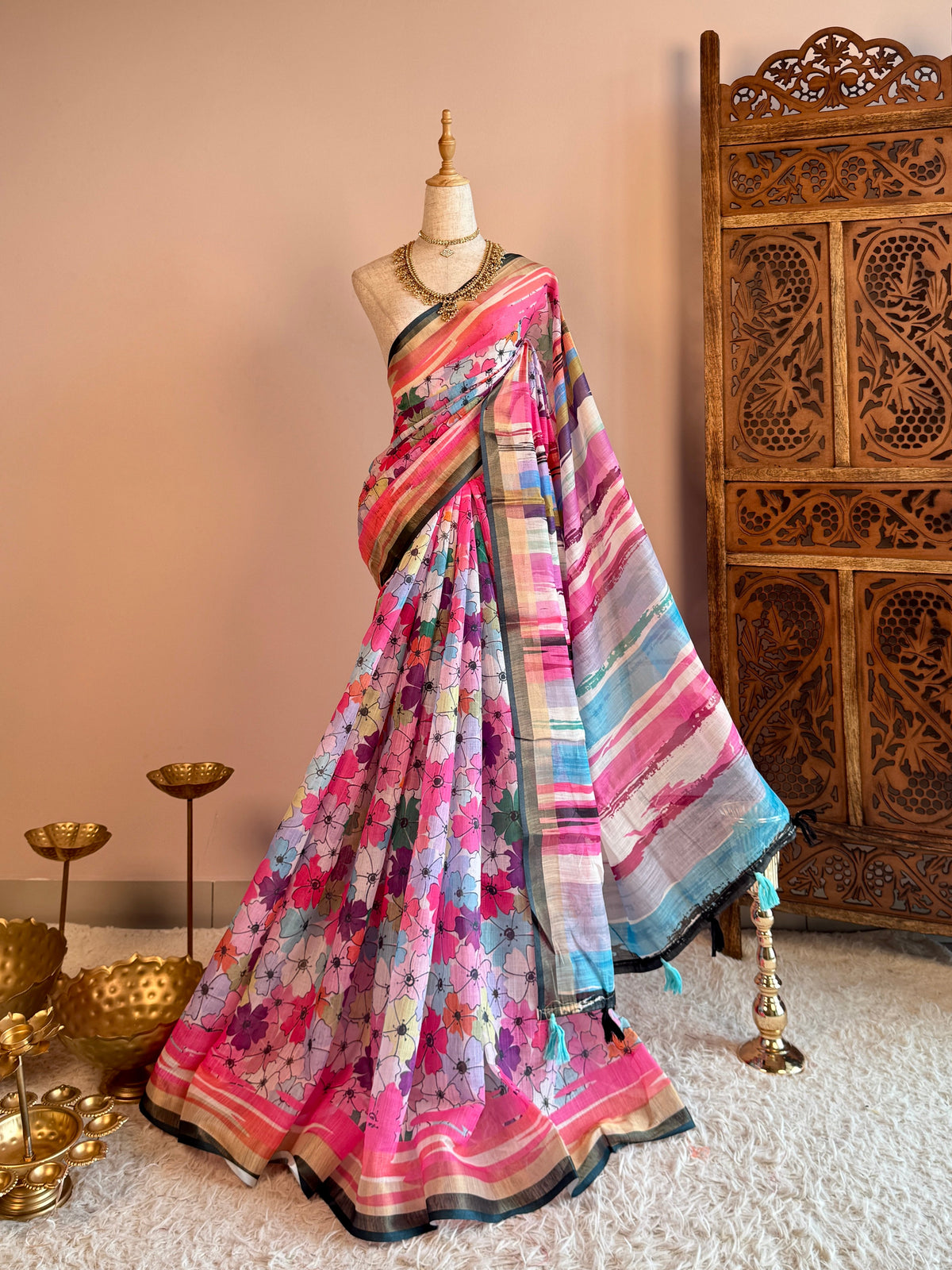 Pink Silk Cotton Floral Print North Saree - view 1