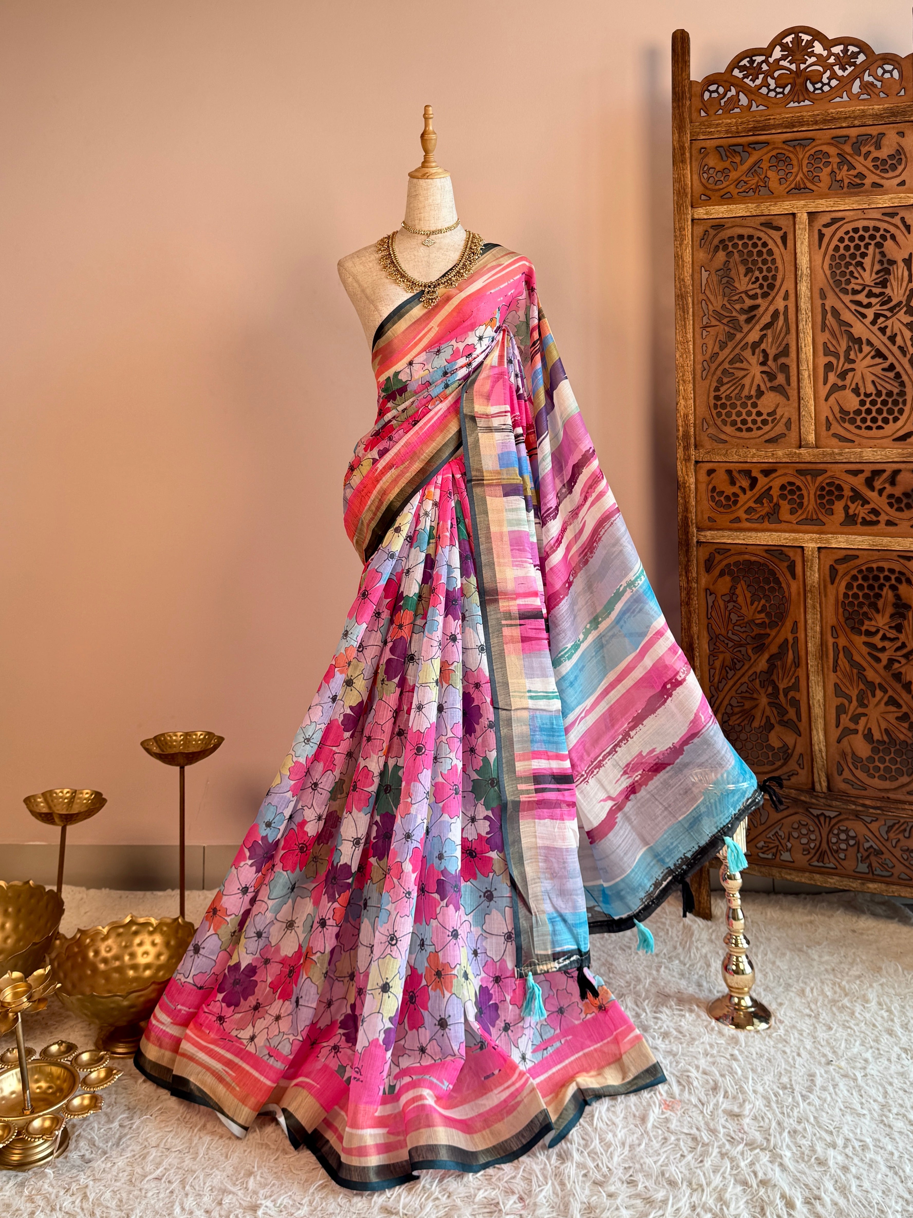 Pink Silk-Cotton Floral-Print North-Saree