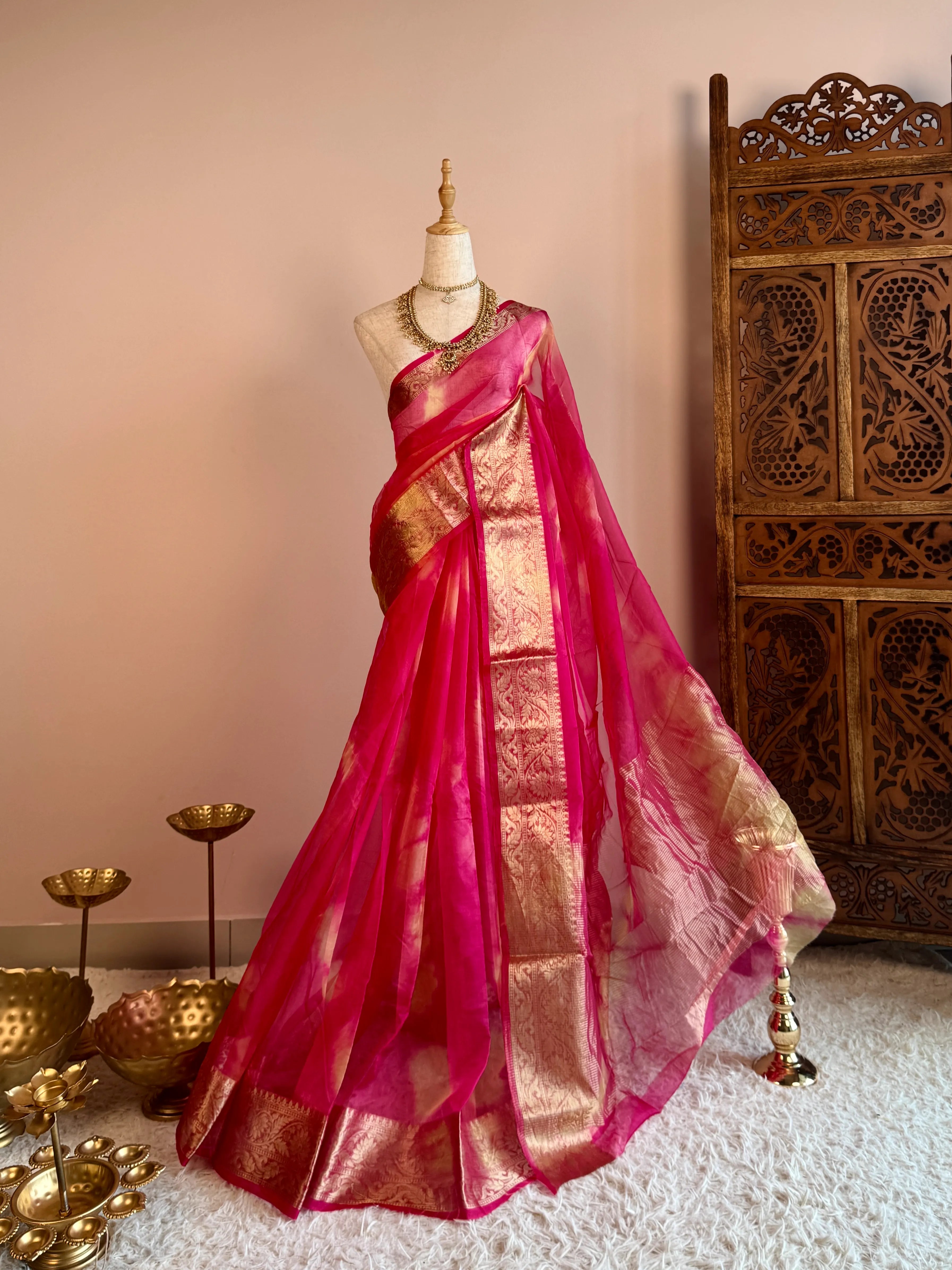 Pink Silken-Organza Woven-Border Hand-Dyed North-Saree