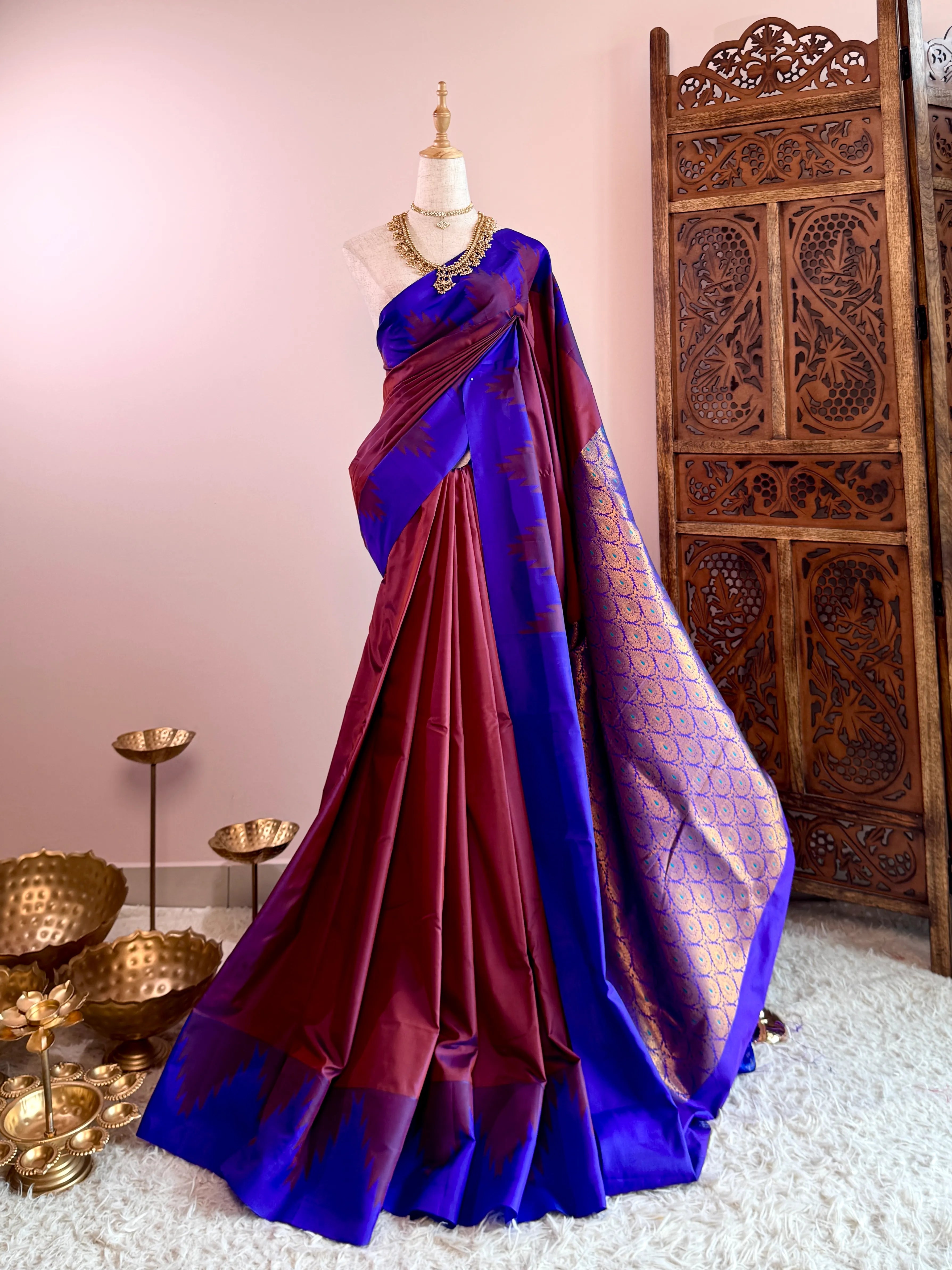 Plum-Purple Premium Soft-Silk Temple-Border Tissue-Pallu South-Saree