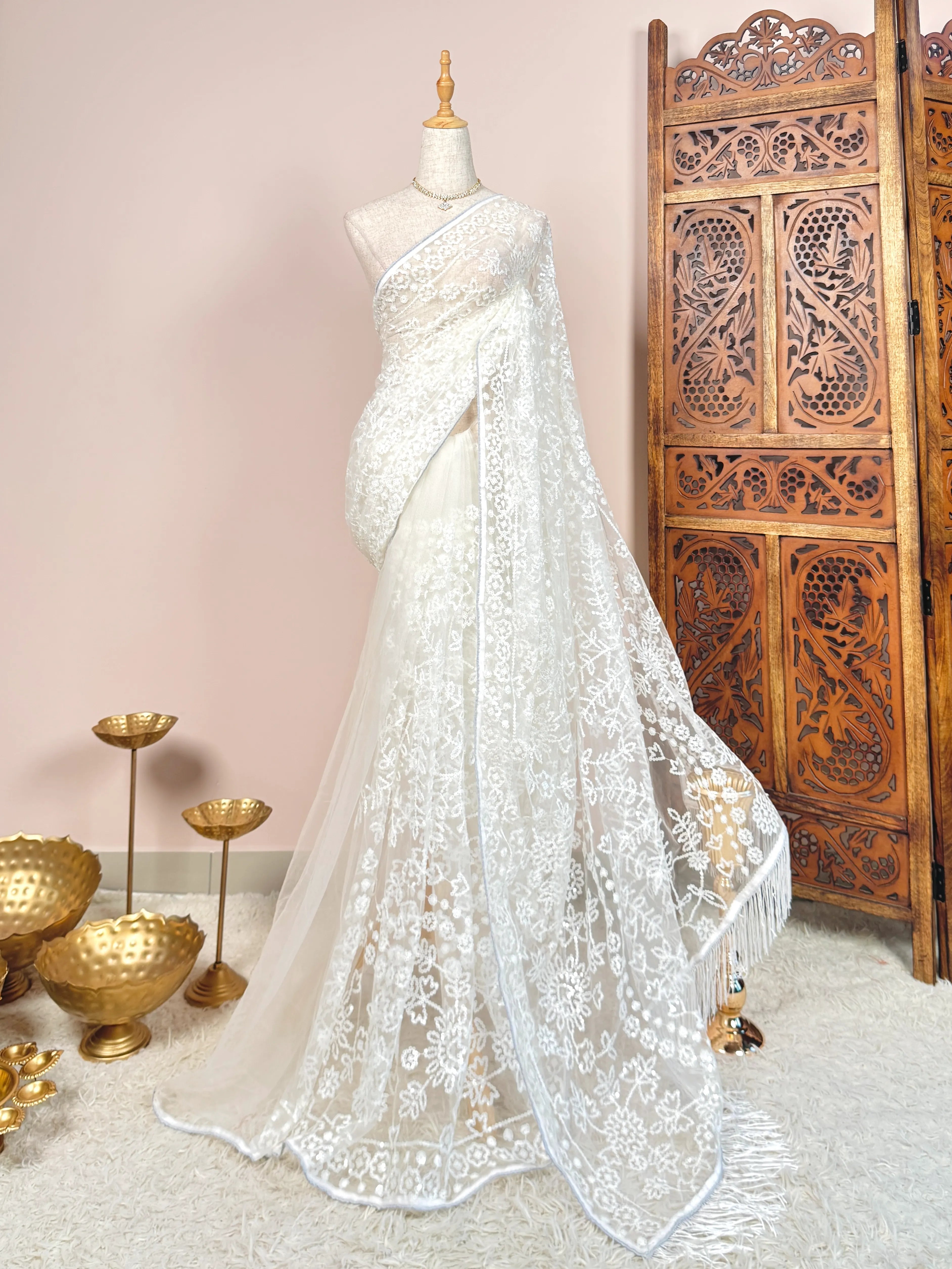 Pure-White Net Sequin-Embroidered North-Saree