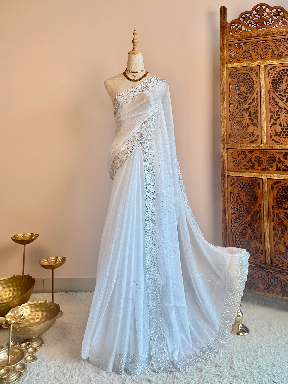 White Silken Tissue Stonework North Saree - view 1
