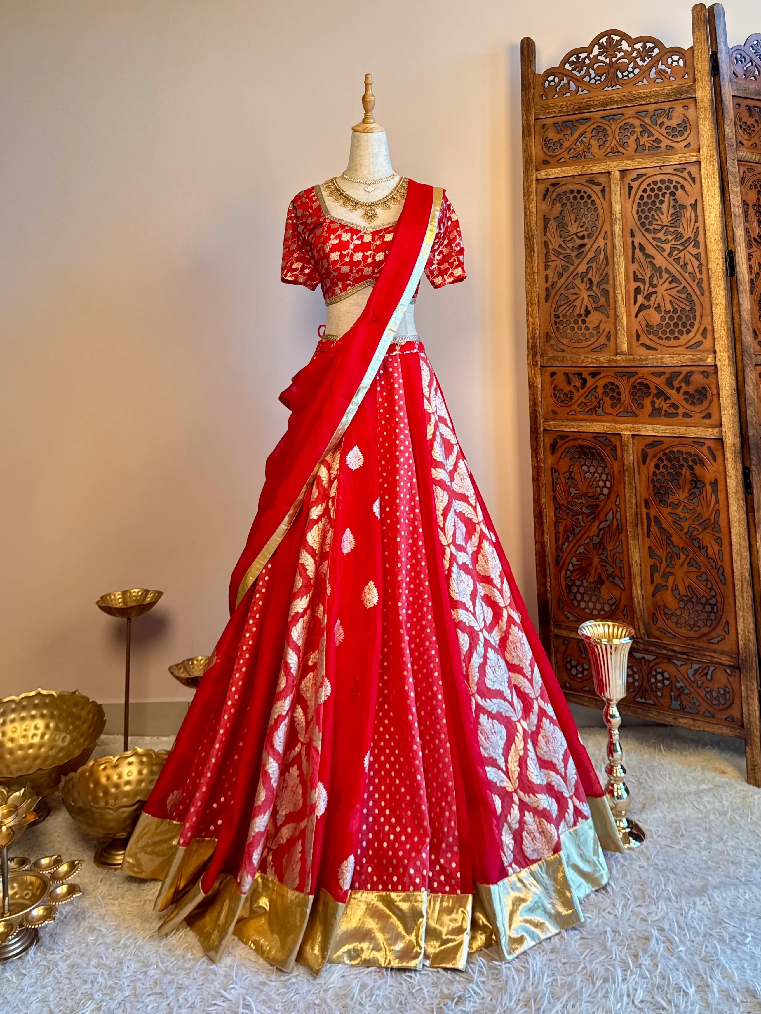 Red-Mauve Pink Banarasi-Brocade Multi-kalidaar Lehenga-Blouse-Dupatta-Set