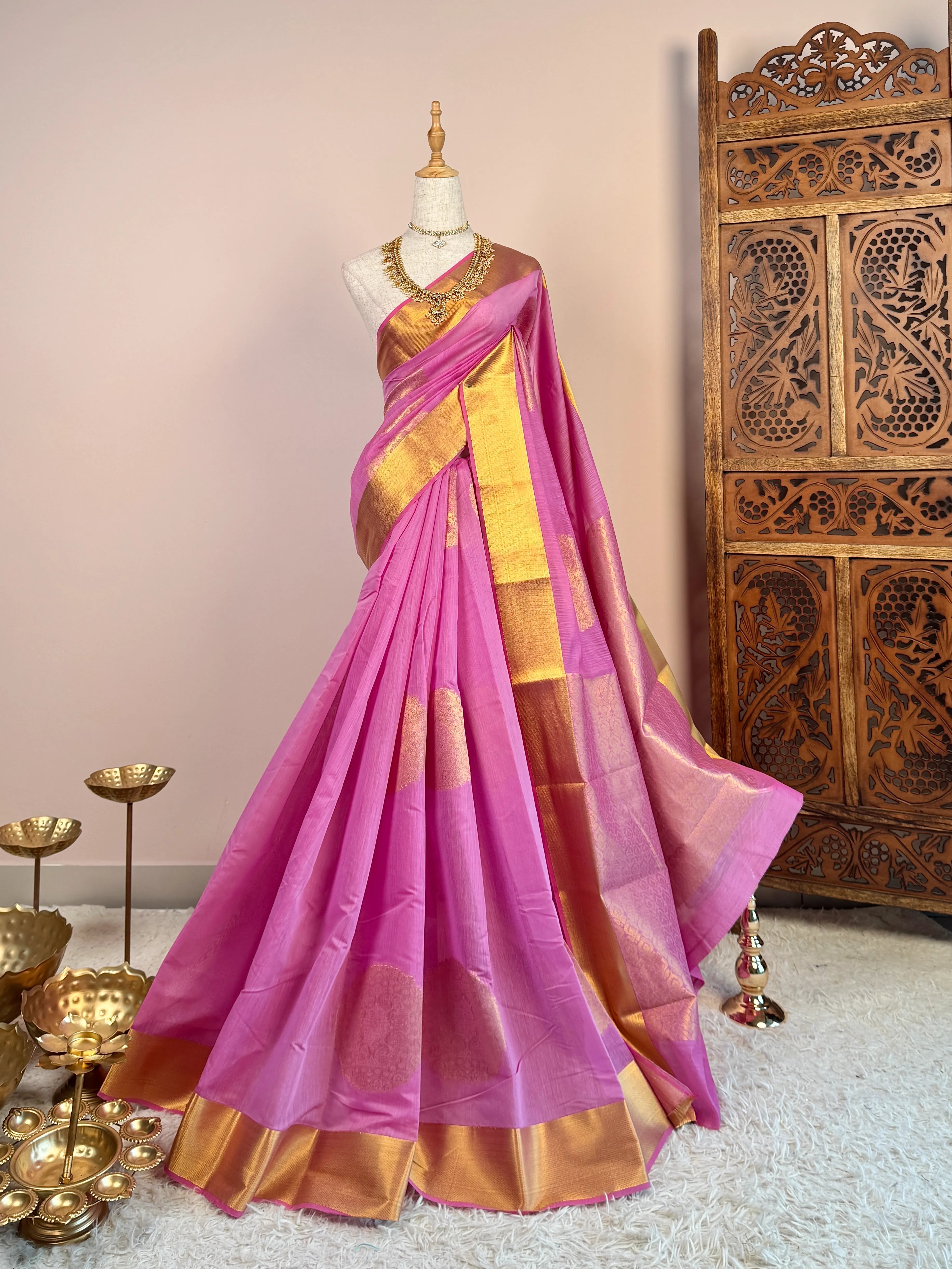 Rose-Pink Silk-Cotton Woven-Mandala-Butta South-Saree