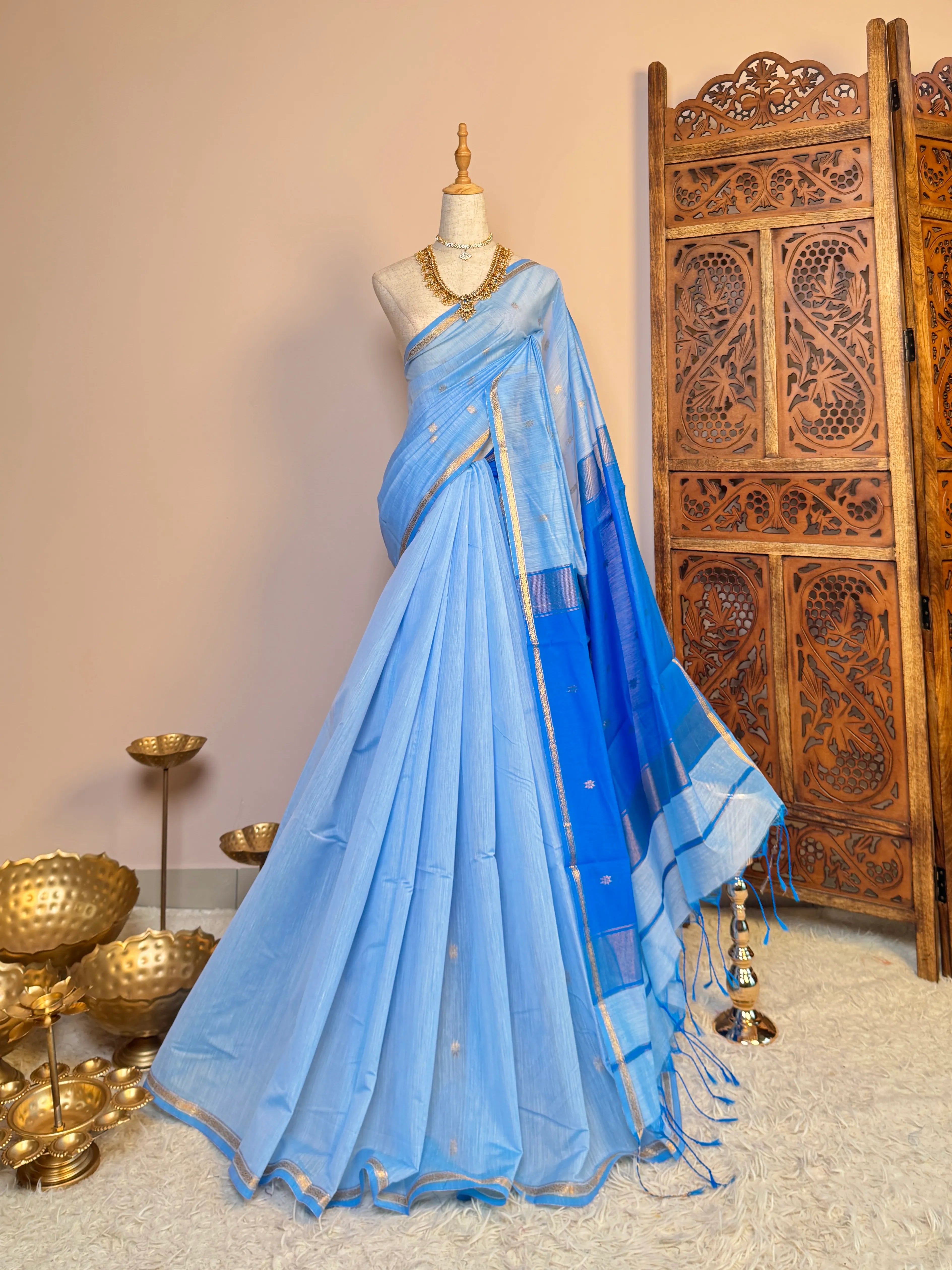 Sky-Blue Silk-Cotton Woven-Butti South-Saree