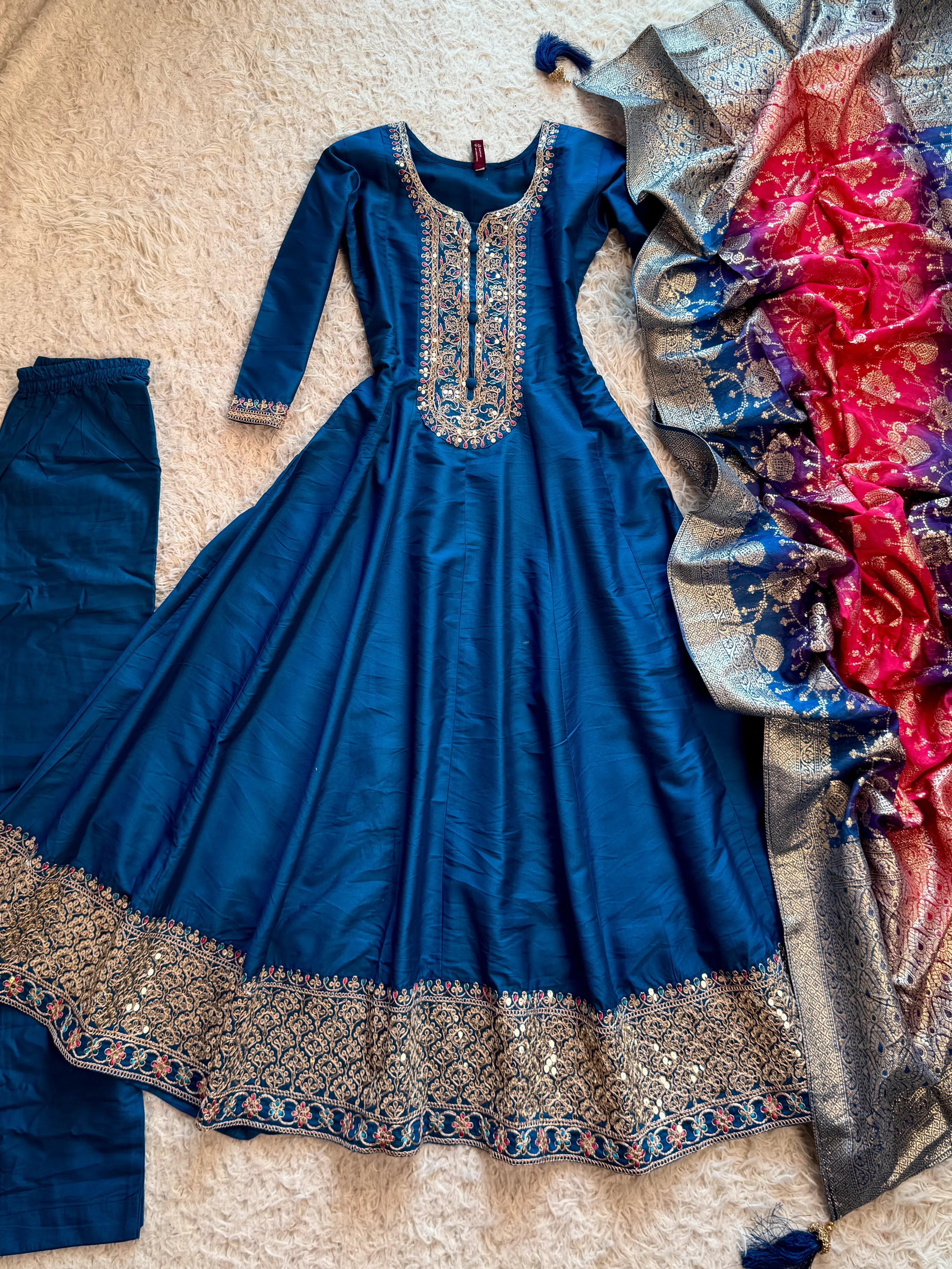 Teal-Blue Crepe-Silk Heavy-Embroidered Flare Anarkali-Kurti-Dupatta-Set