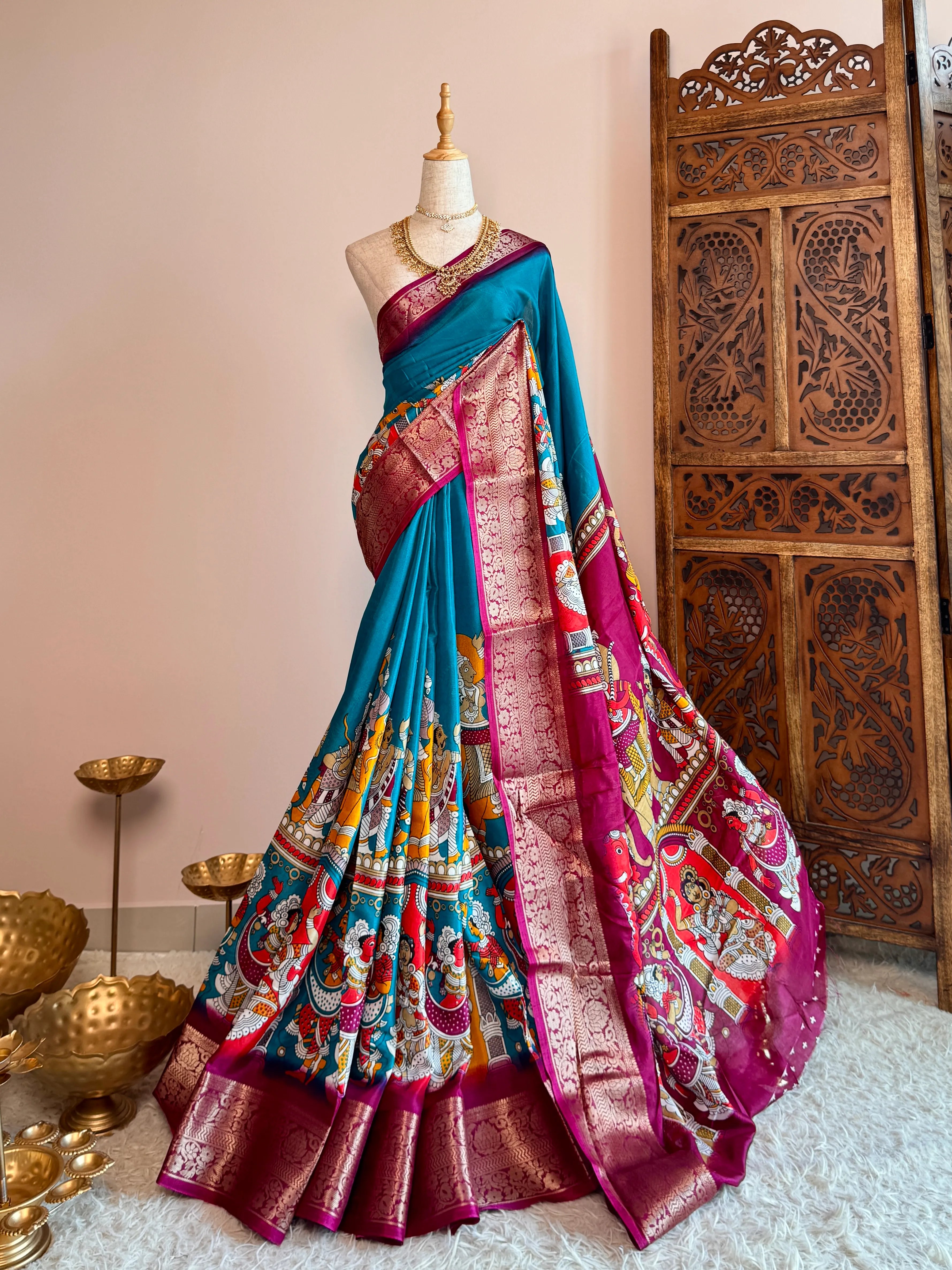 Teal-Purple Premium Soft-Silk Kalamkari-Themed North-Saree