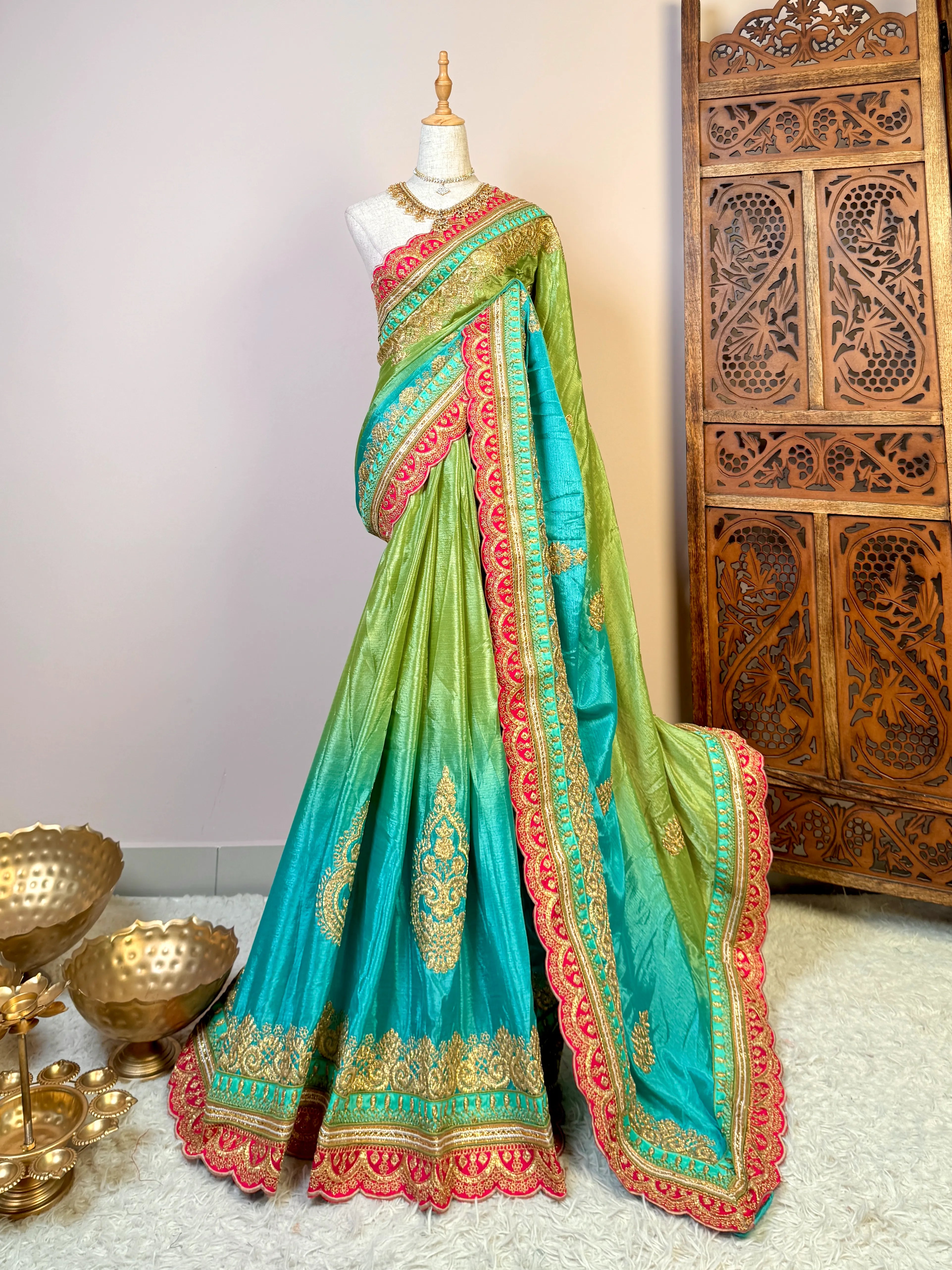 Turquoise-Green Soft-Silk Grand Heavy-Embroidered-Border North-Saree