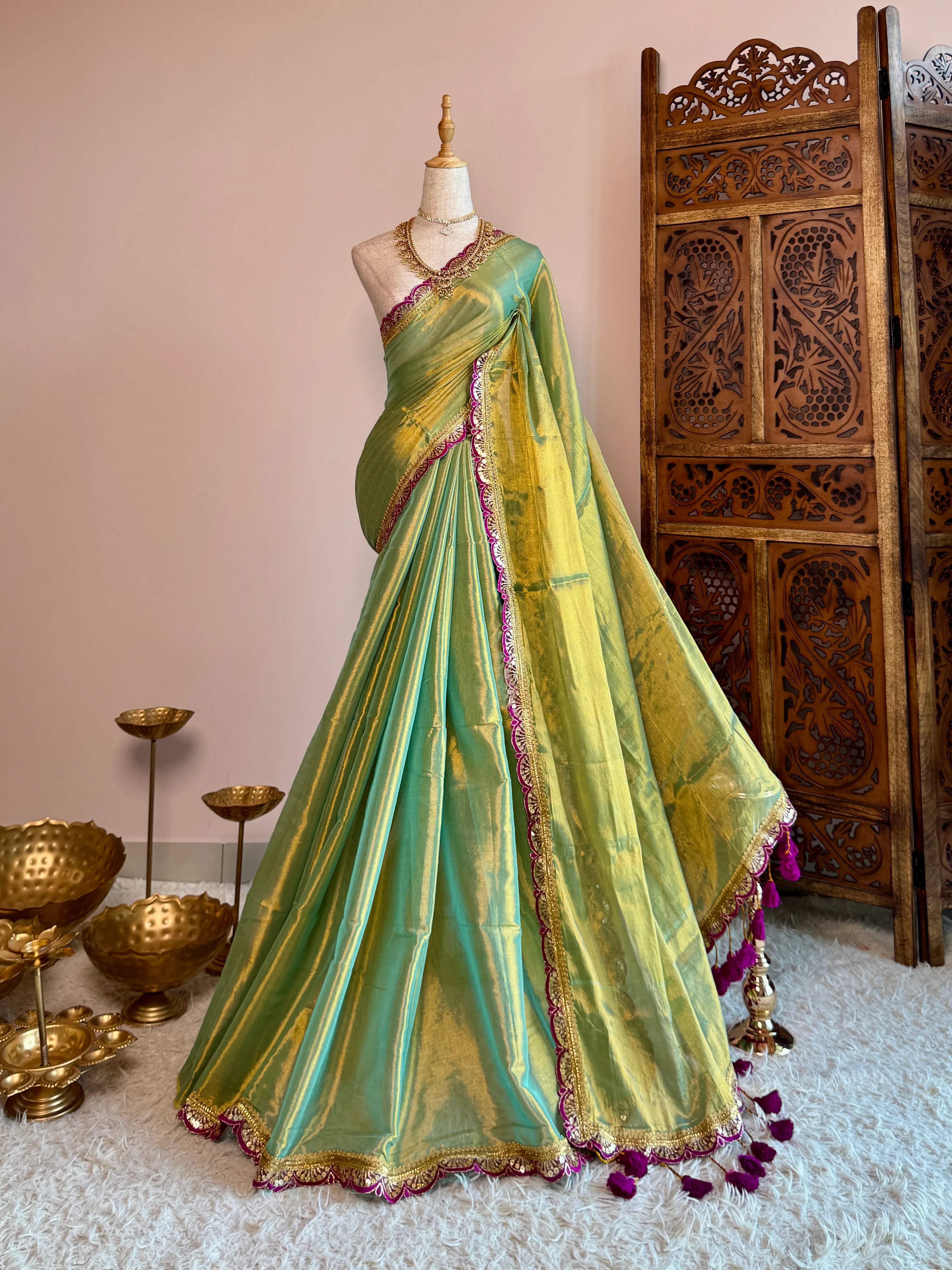 Turquoise-Wine Tissue-Cotton Grand Sequin-Border North-Saree