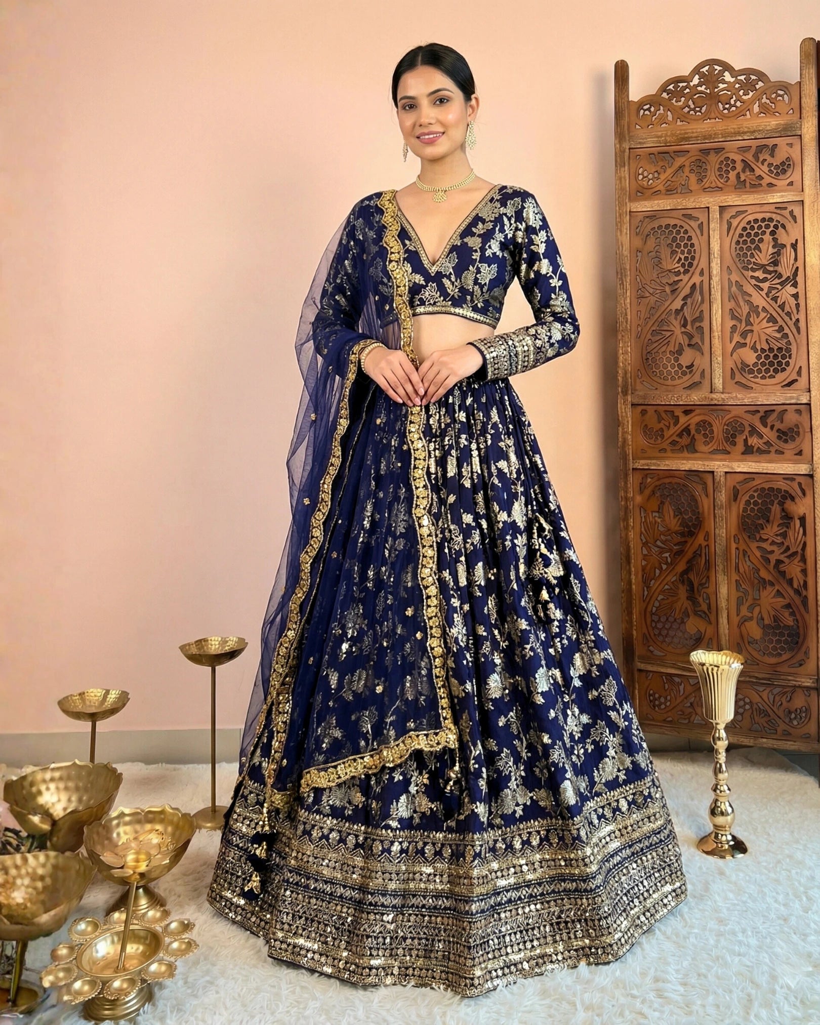 Navy-Blue Banarasi-Brocade Sequin-Embroidery Pleated Lehenga, Blouse & Dupatta Set.