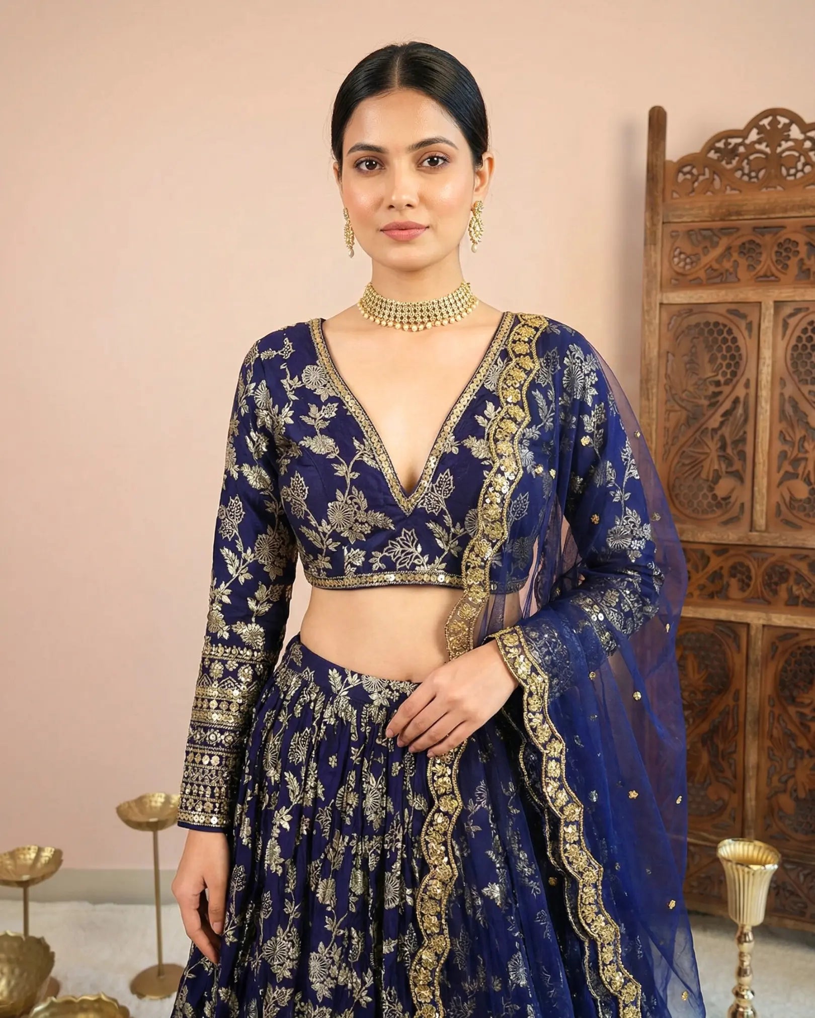 Navy-Blue Banarasi-Brocade Sequin-Embroidery Pleated Lehenga, Blouse & Dupatta Set.