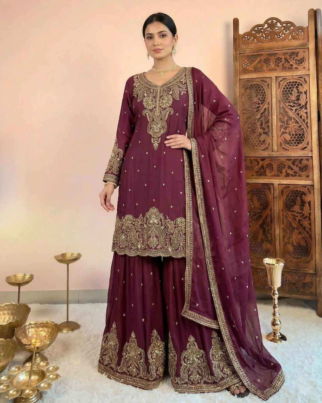 Wine Cutdana Chinnon Kurti Sharara Set - view 1