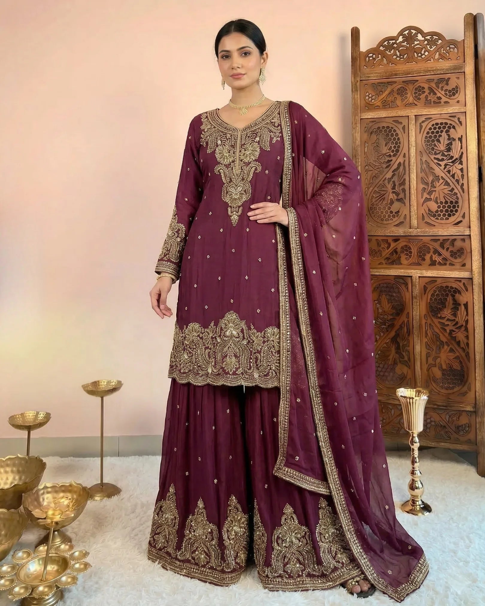 Wine Cutdana-Embroidery Silken-Chinnon Kurti Suit , Sharara Pants & Dupatta Set.