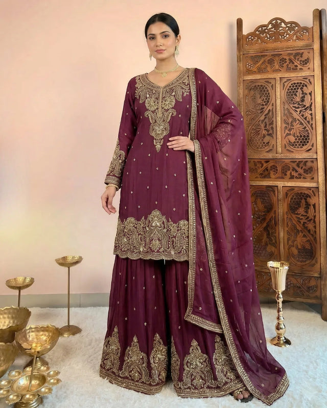 Wine Cutdana Chinnon Kurti Sharara Set - view 1