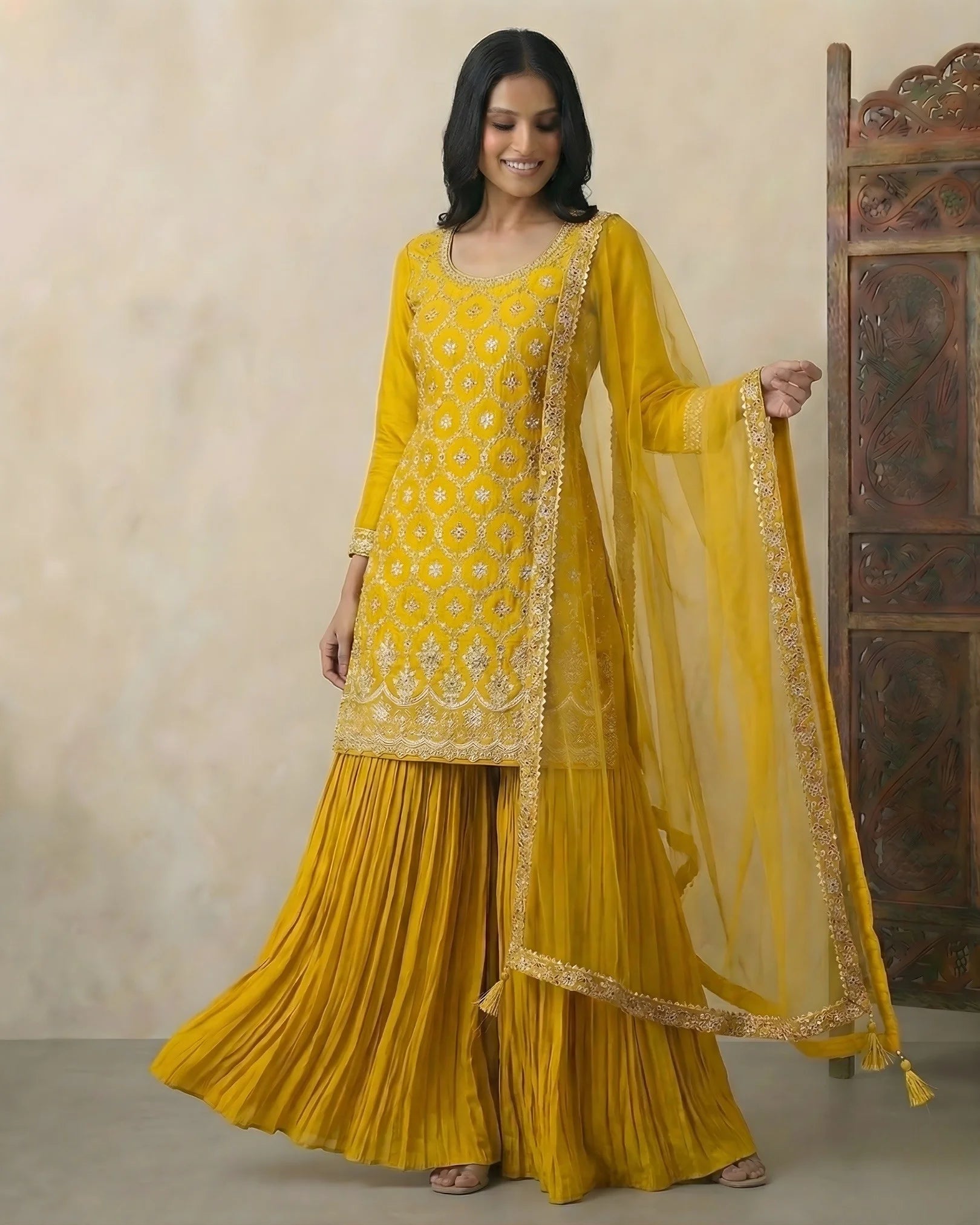 Mustard-Yellow Zari Embroidery Chinnon Kurti Top, Gharara and Dupatta Set.