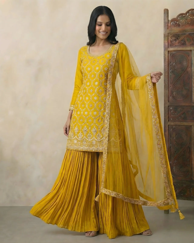 Mustard Chinnon Zari Kurti Sharara Set - view 1
