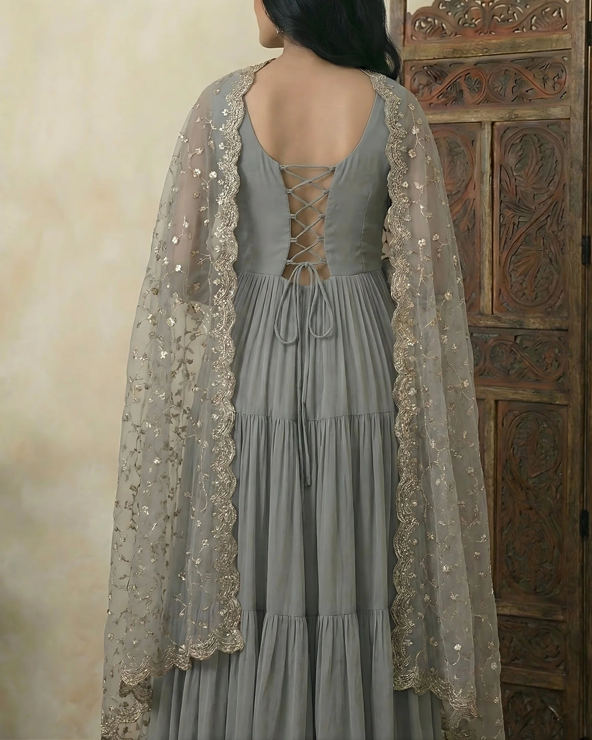 Grey Georgette Pleated Anarkali Dress Set - view 4
