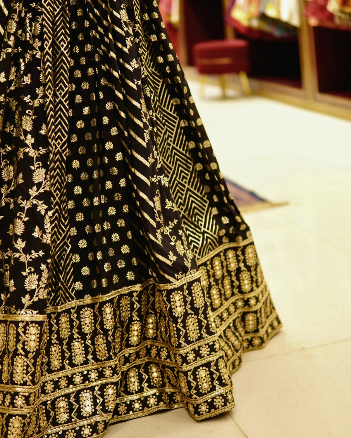 Black Brocade Mirror Work Lehenga Set - view 6