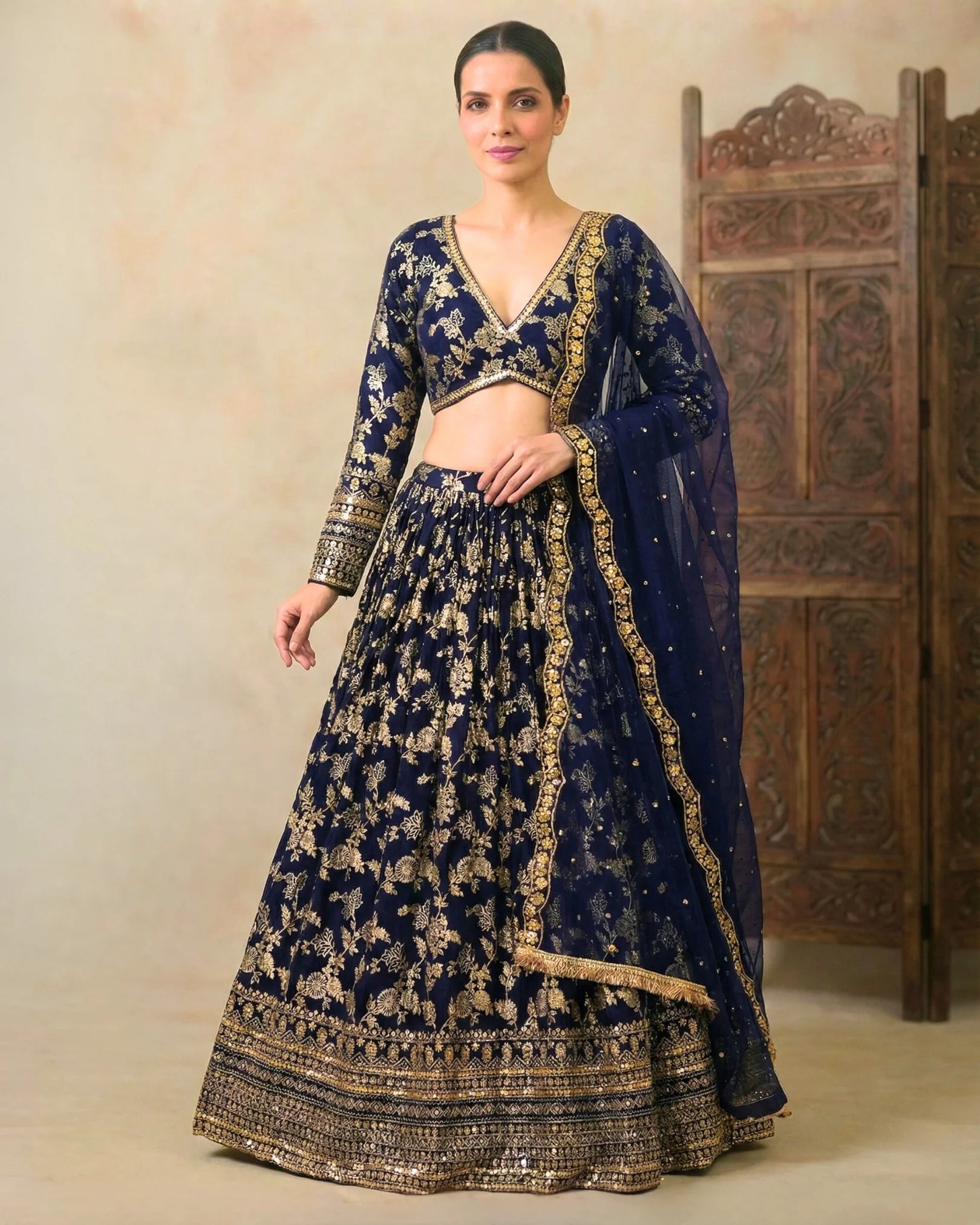 Navy-Blue Banarasi-Brocade Sequin-Embroidery Pleated Lehenga, Blouse & Dupatta Set.