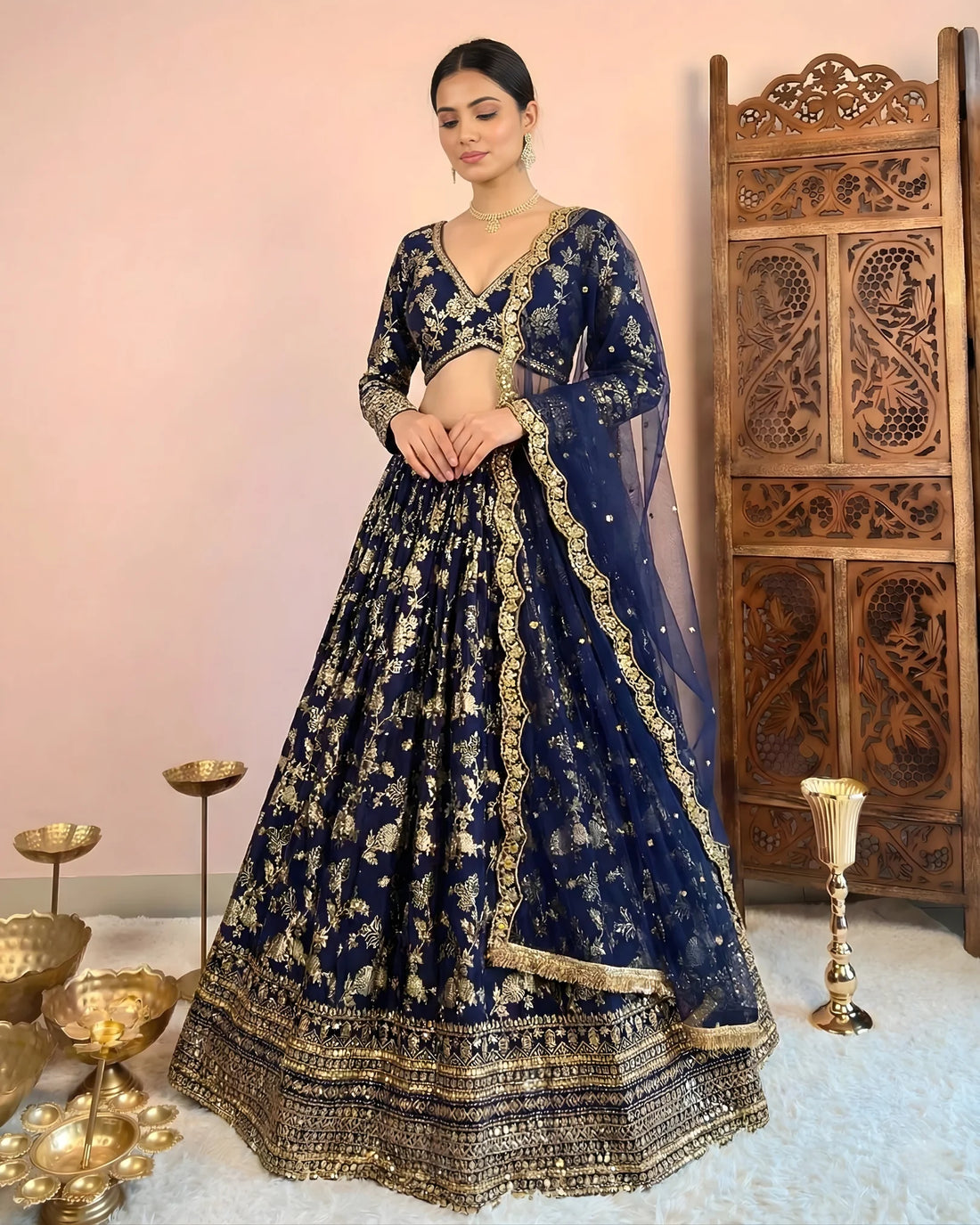 Navy Blue Brocade Sequin Pleated Lehenga Set - view 6
