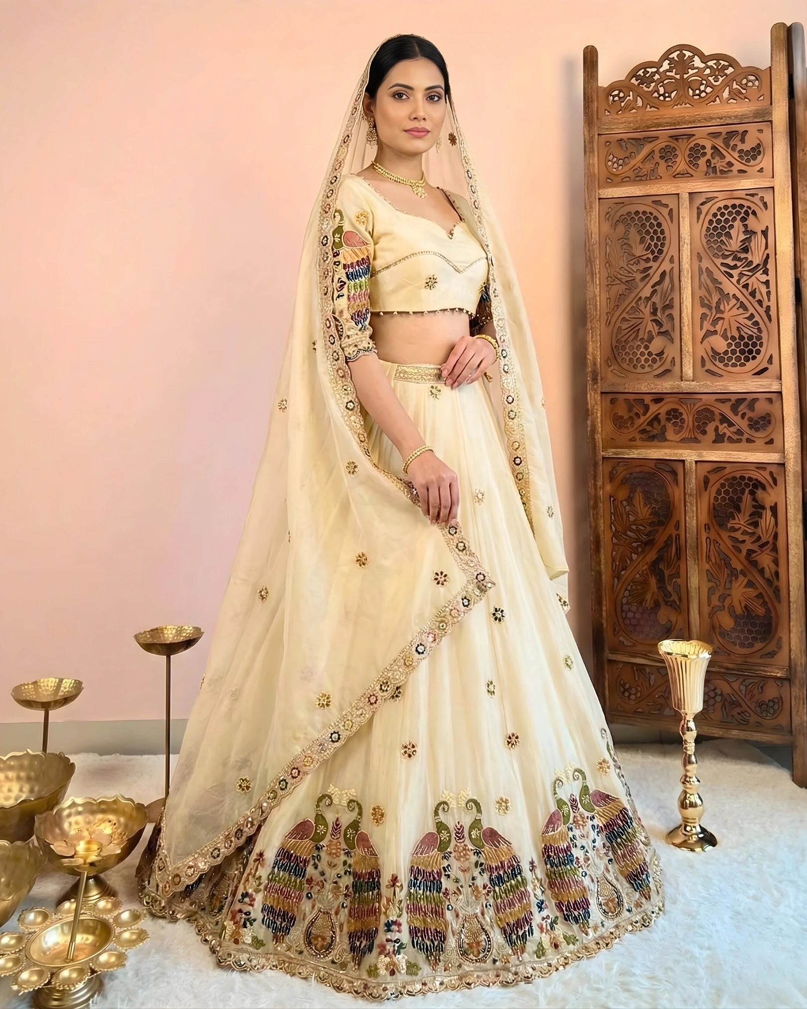 Cream Tissue-Silk Cutdana-Peacock-Embroidery Lehenga, Blouse & Dupatta Set.