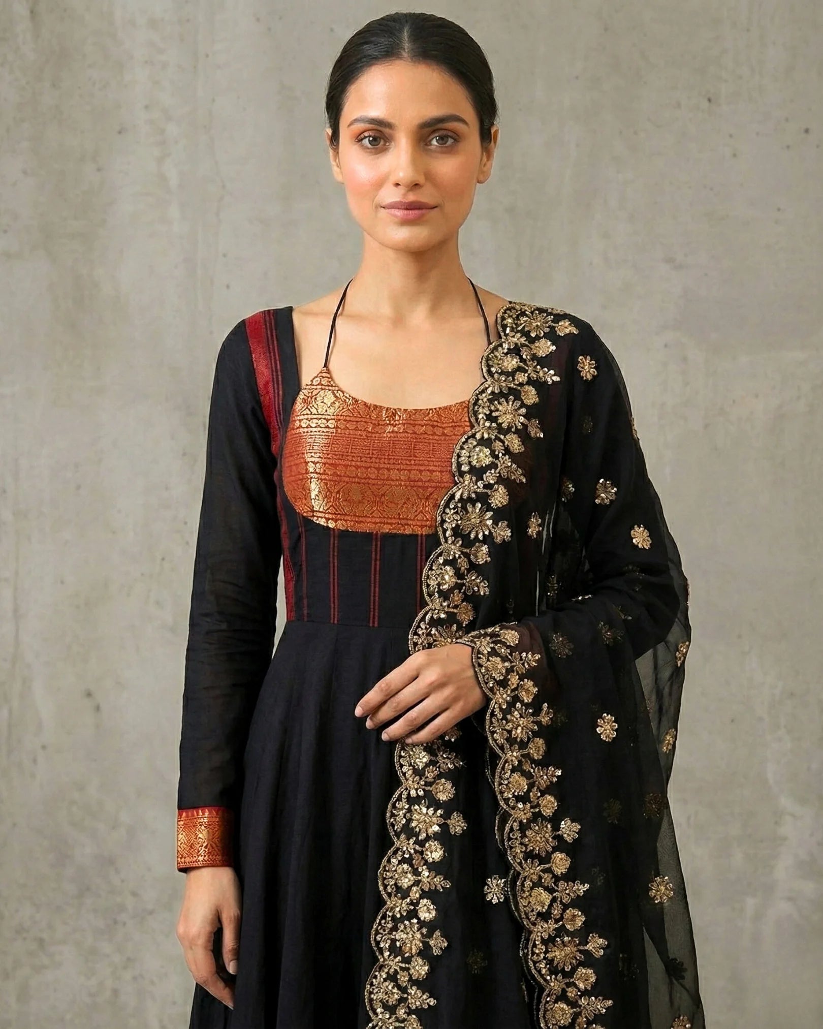 Black-Red South-Cotton Zari-Weaving Long-Anarkali-Top & Dupatta Set.