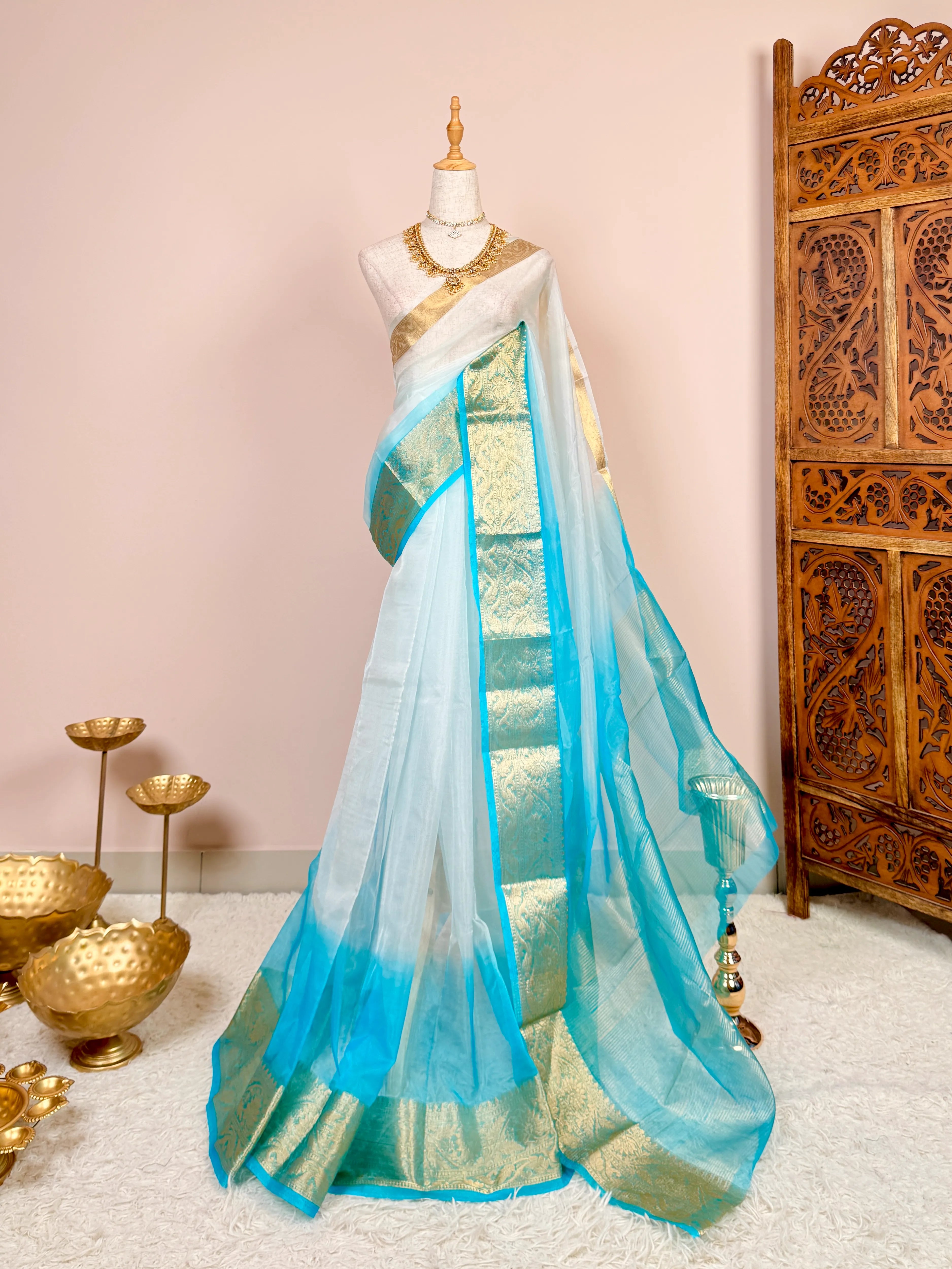 White-Sky blue Silken-Organza Woven-Border Hand-Dyed North-Saree