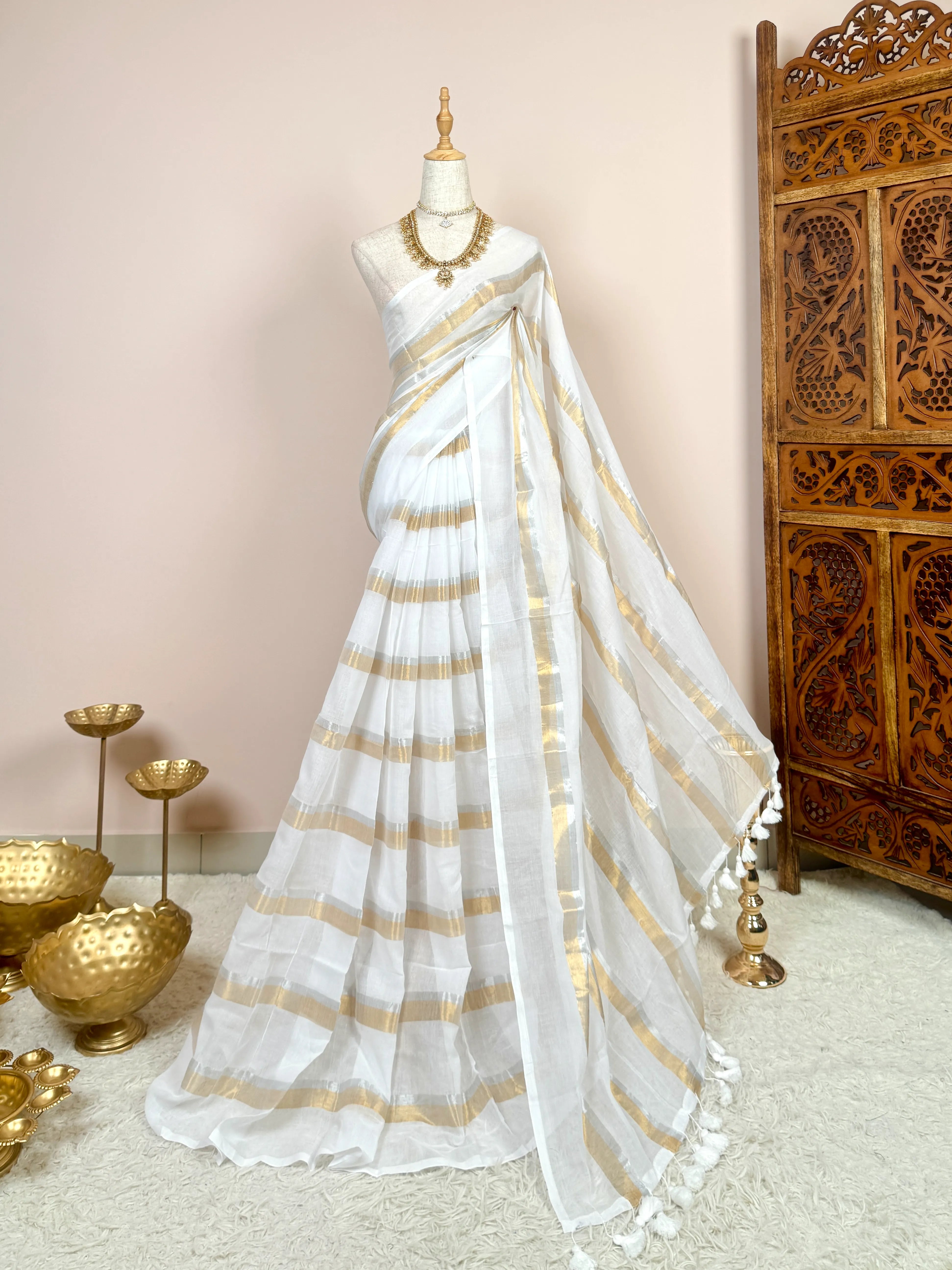 White Handspun Pure-Cotton Double Zari-Woven Bengal-Saree