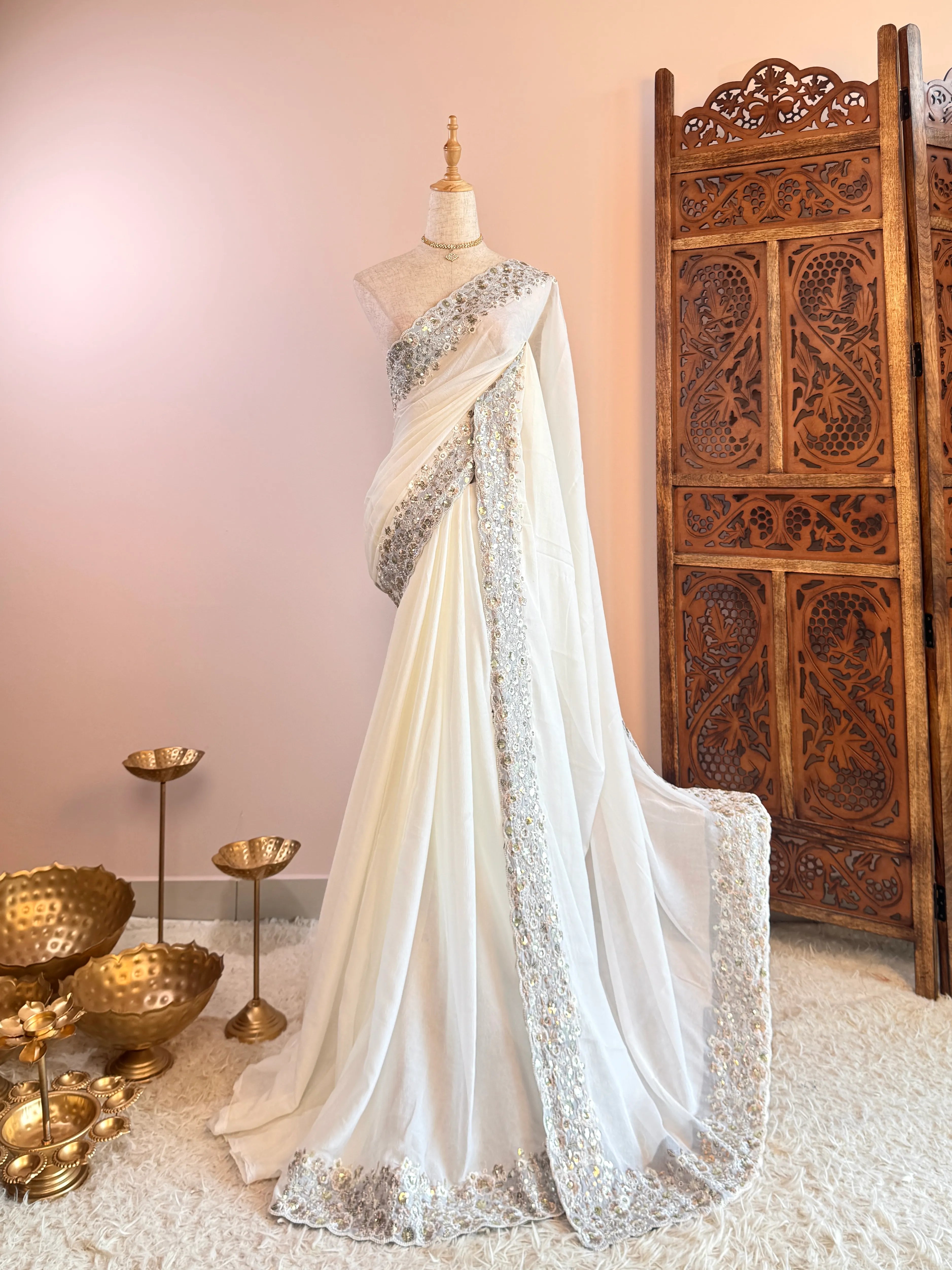 White Crepe-Silk Sequin-Floral-Embroidered North-Saree