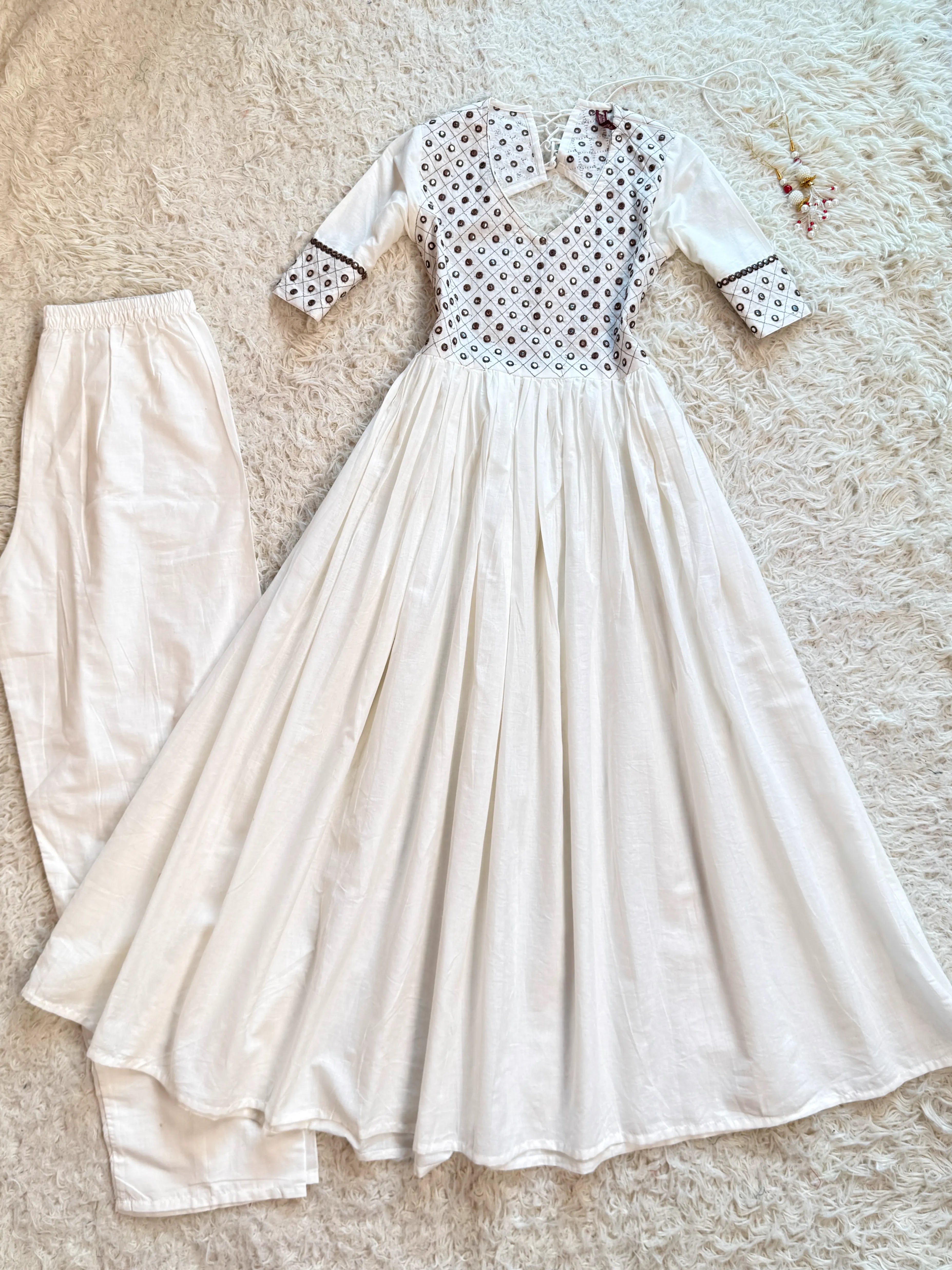 White Embroidered Backless Super-Flare Anarkali-Kurti-Set