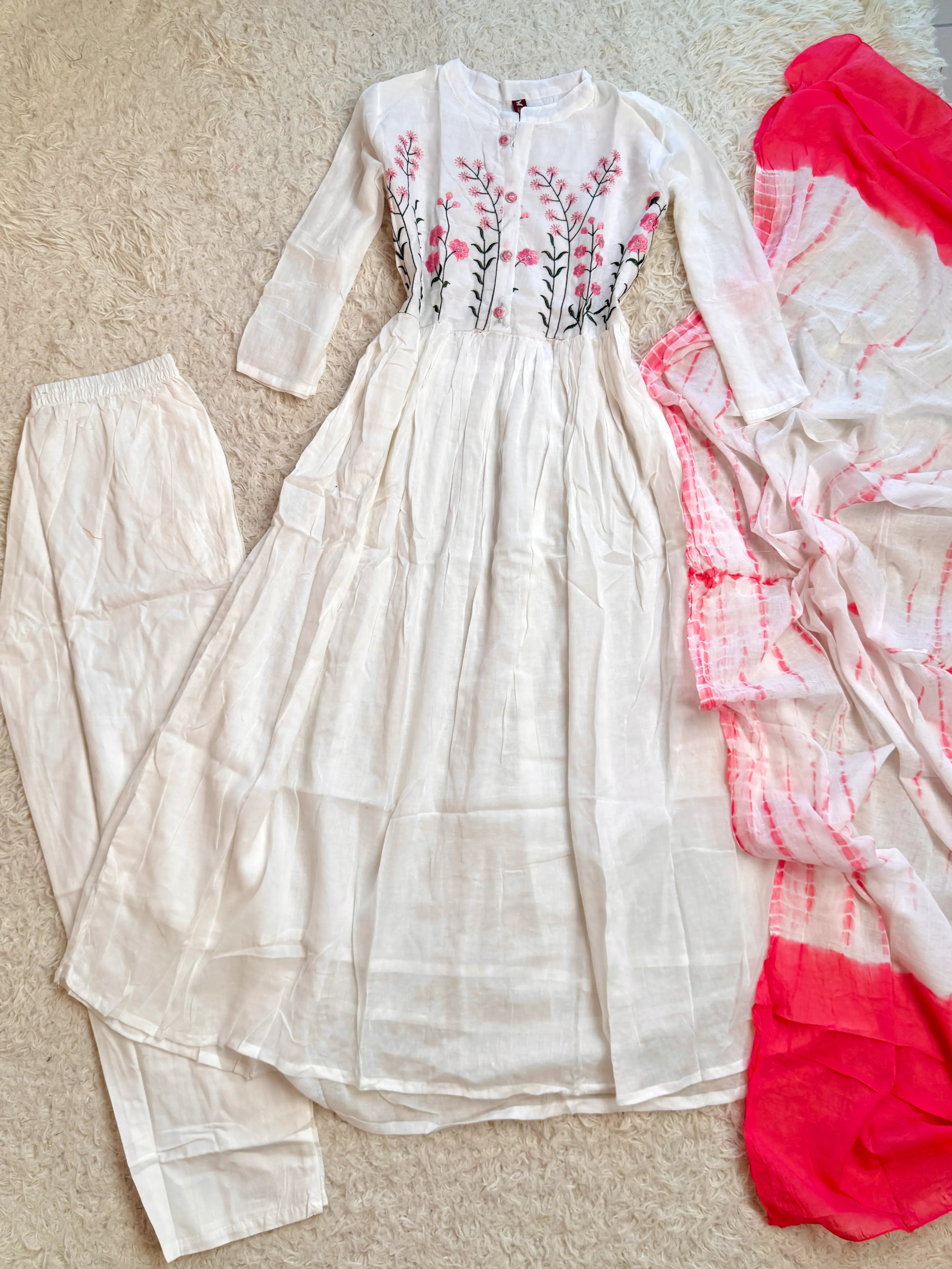 White Pure-Cotton Hand-Embroidery Flare Anarkali-Kurti-Pant-Dupatta-Set