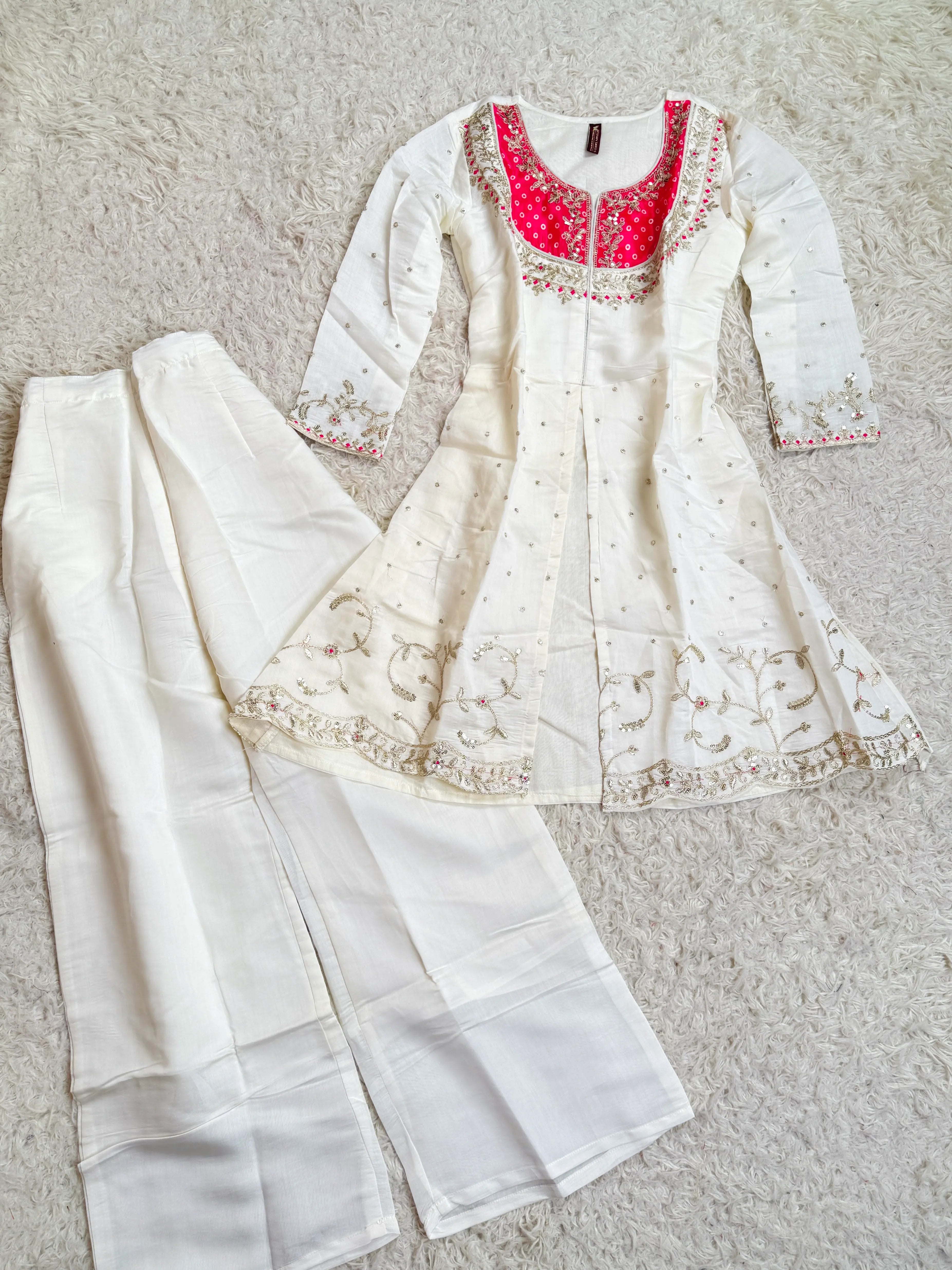 White Sequin-Embroidered Crepe-Silk fancy Palazzo-Kurti Set