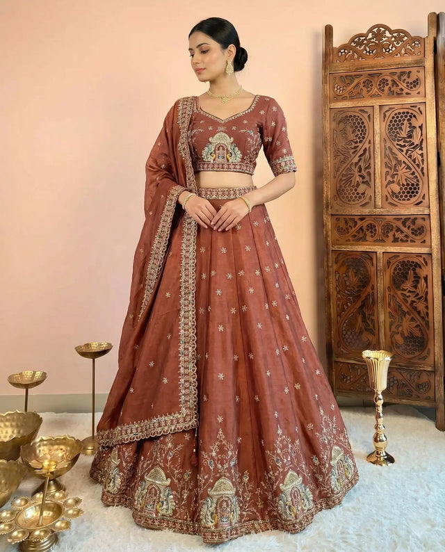 Brown Rust Chinnon Thread Work Lehenga Set - view 1
