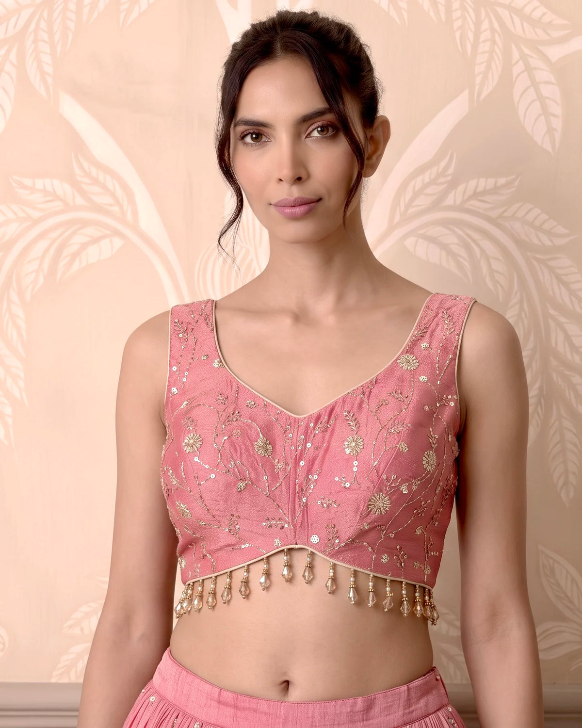 Baby Pink Tissue Silk Pearl Cutdana Lehenga Set - view 2