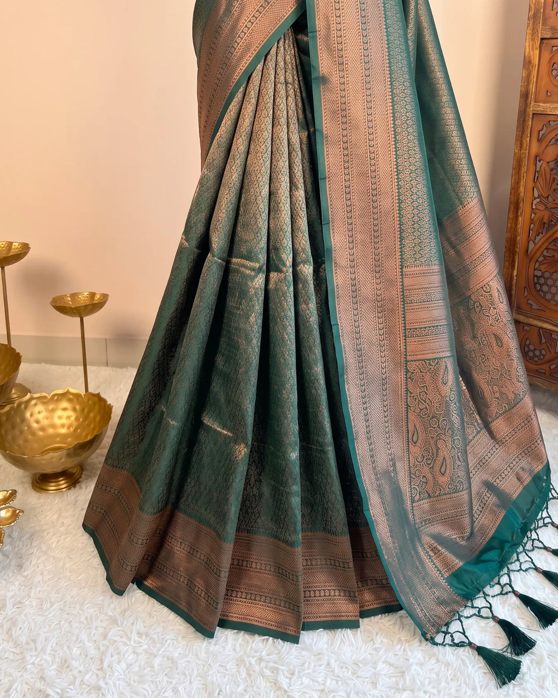 Bottle Green Soft Silk Zari South Saree - view 3