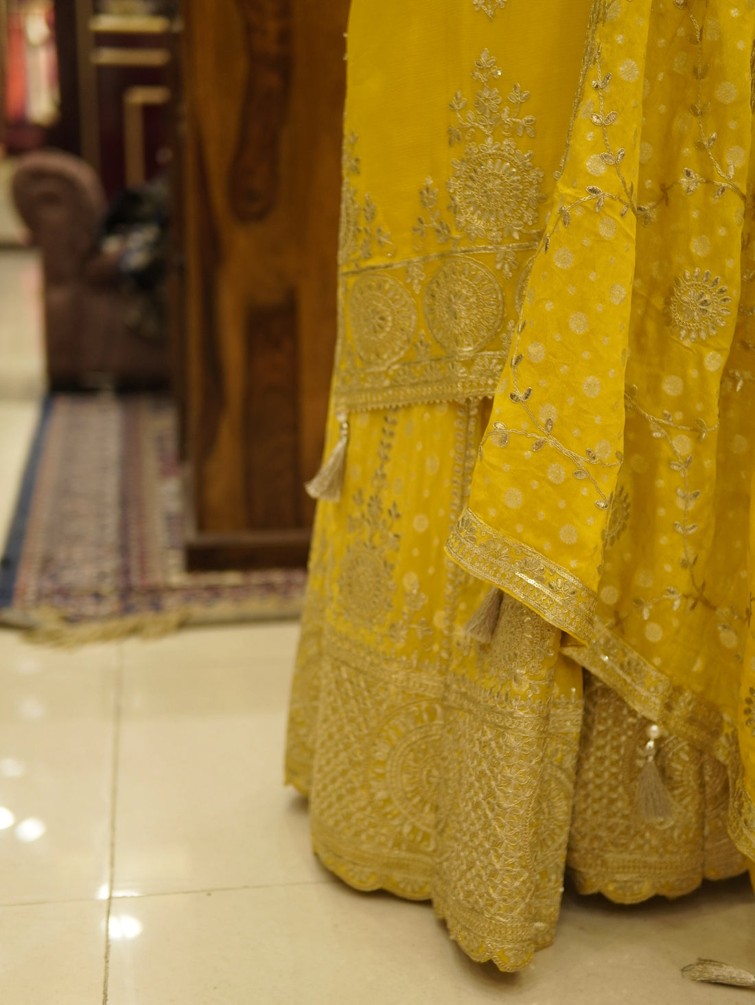 Yellow Zari Gota Patti Kurti Sharara Set - view 4