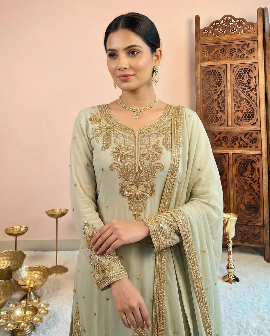 Ash-Grey Cutdana-Embroidery Silken-Chinnon Kurti Suit , Sharara Pants & Dupatta Set.