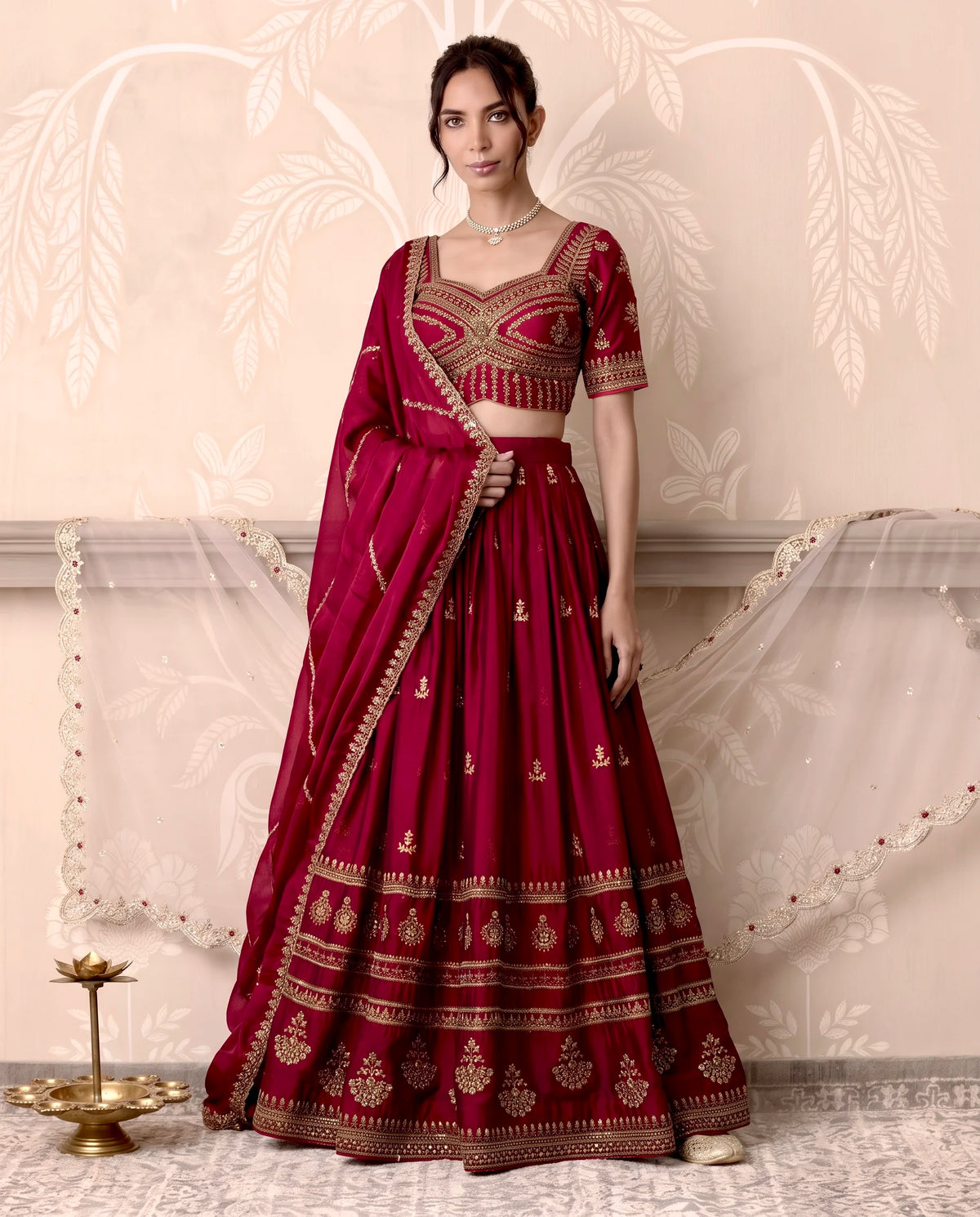 Wine Burgundy Silk Zari Lehenga Set - view 1