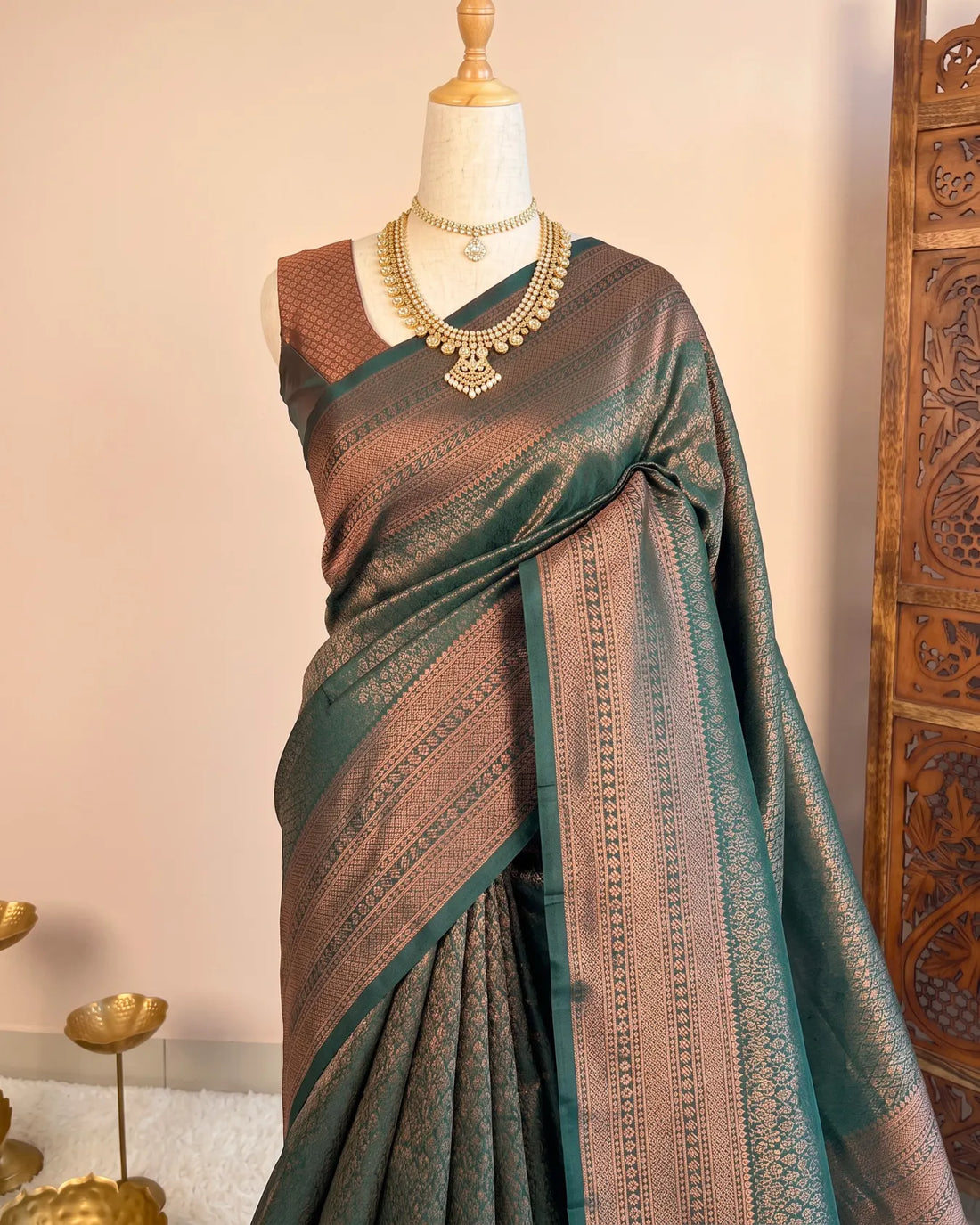 Bottle Green Soft Silk Zari South Saree - view 2