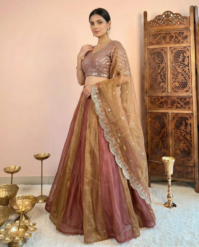 Multicolour Crush Tissue Sequin Lehenga Set - view 1